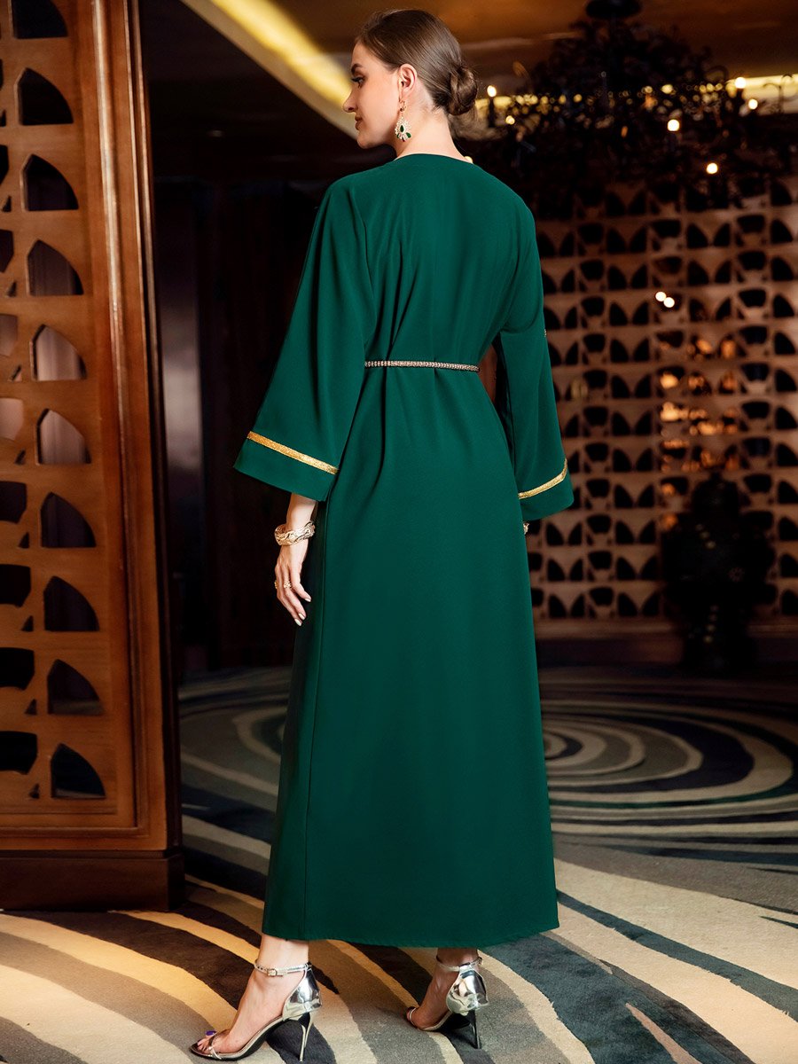 Women Dark Green Gold Trim Embellished Jalabiya