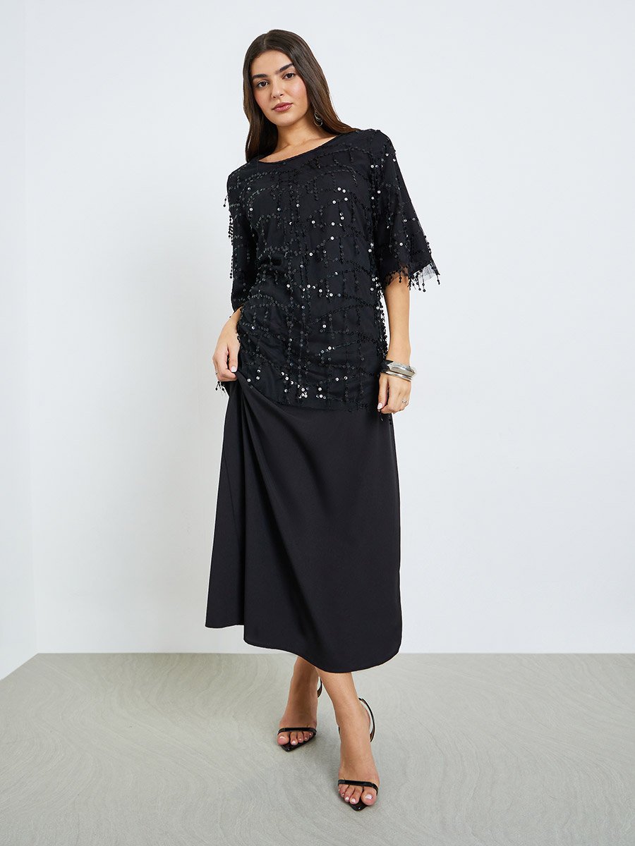 black sequin dress a line ZAPAKA Women Sequins Black Tiered Prom Dress with Slit A-Line Strapless  Evening Dress