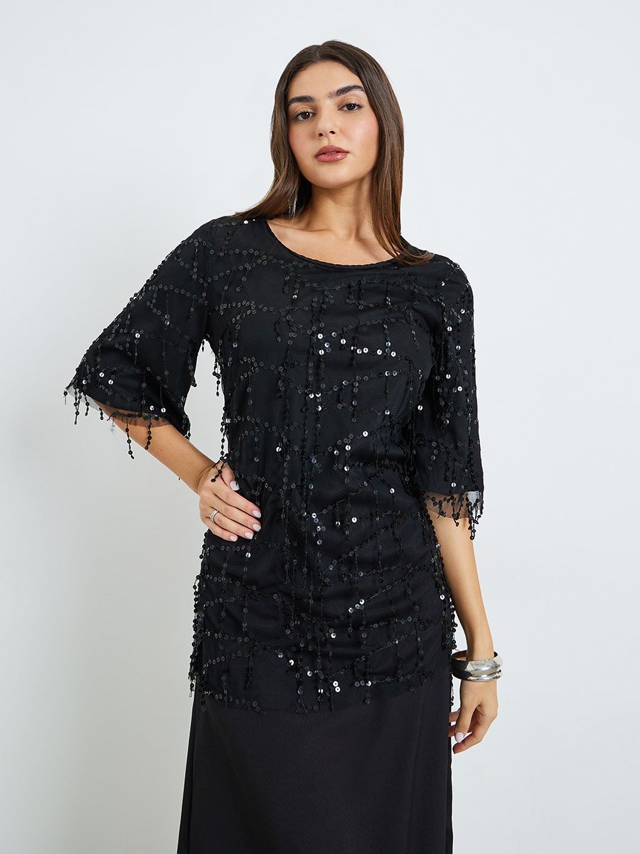 Black Sequin A-Line Maxi Dress For Women at Oman | Styli