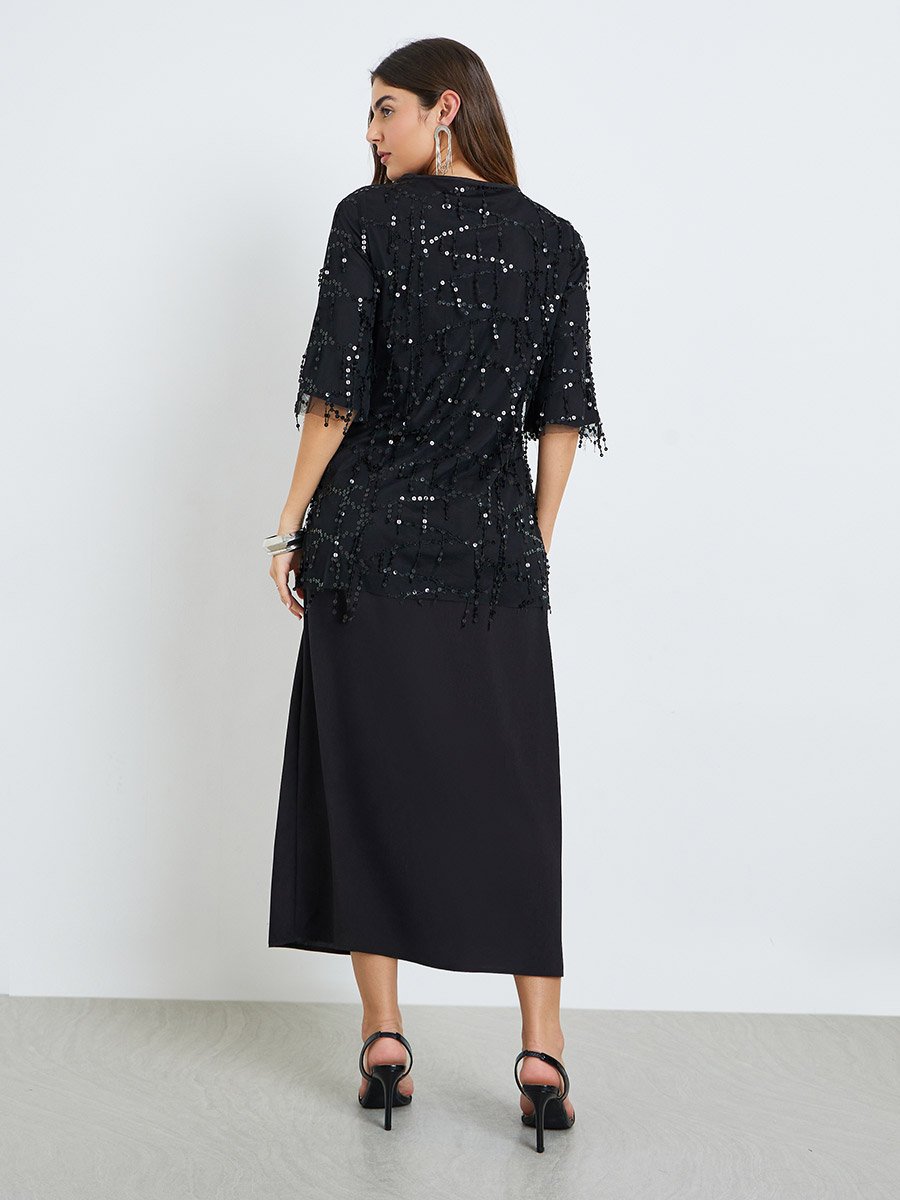 Black Sequin A-Line Maxi Dress For Women at Bahrain | Styli