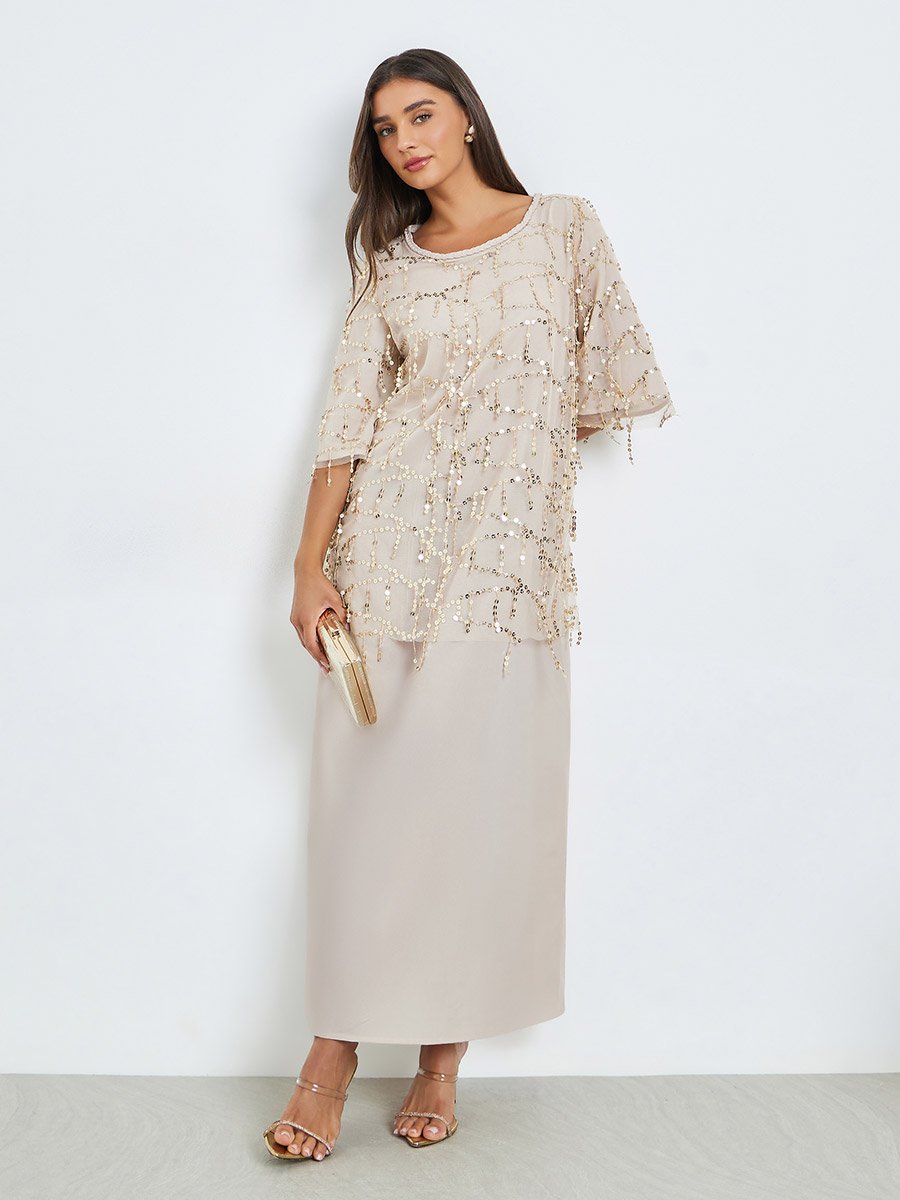 Sequins Ina Line Beige Sequin A-Line Maxi Dress For Women at Saudi | Styli
