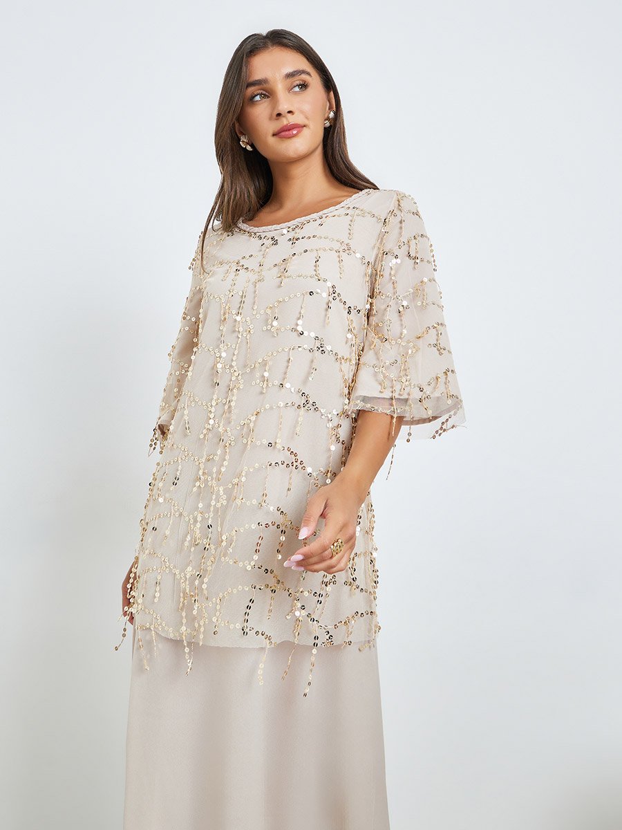 Sequins Ina Line Beige Sequin A-Line Maxi Dress For Women at Saudi | Styli