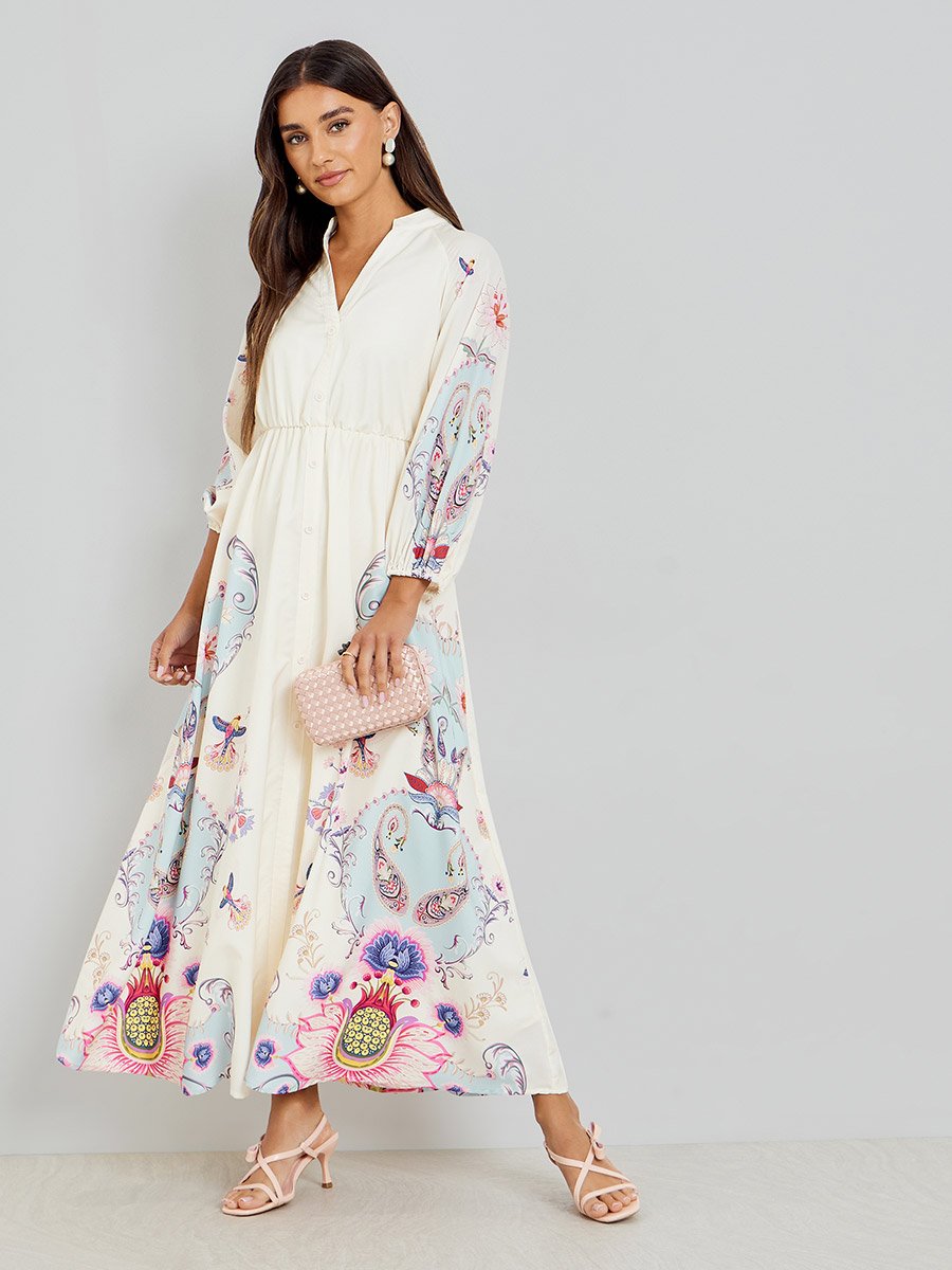 Off White Floral Print Shirt Maxi Dress
