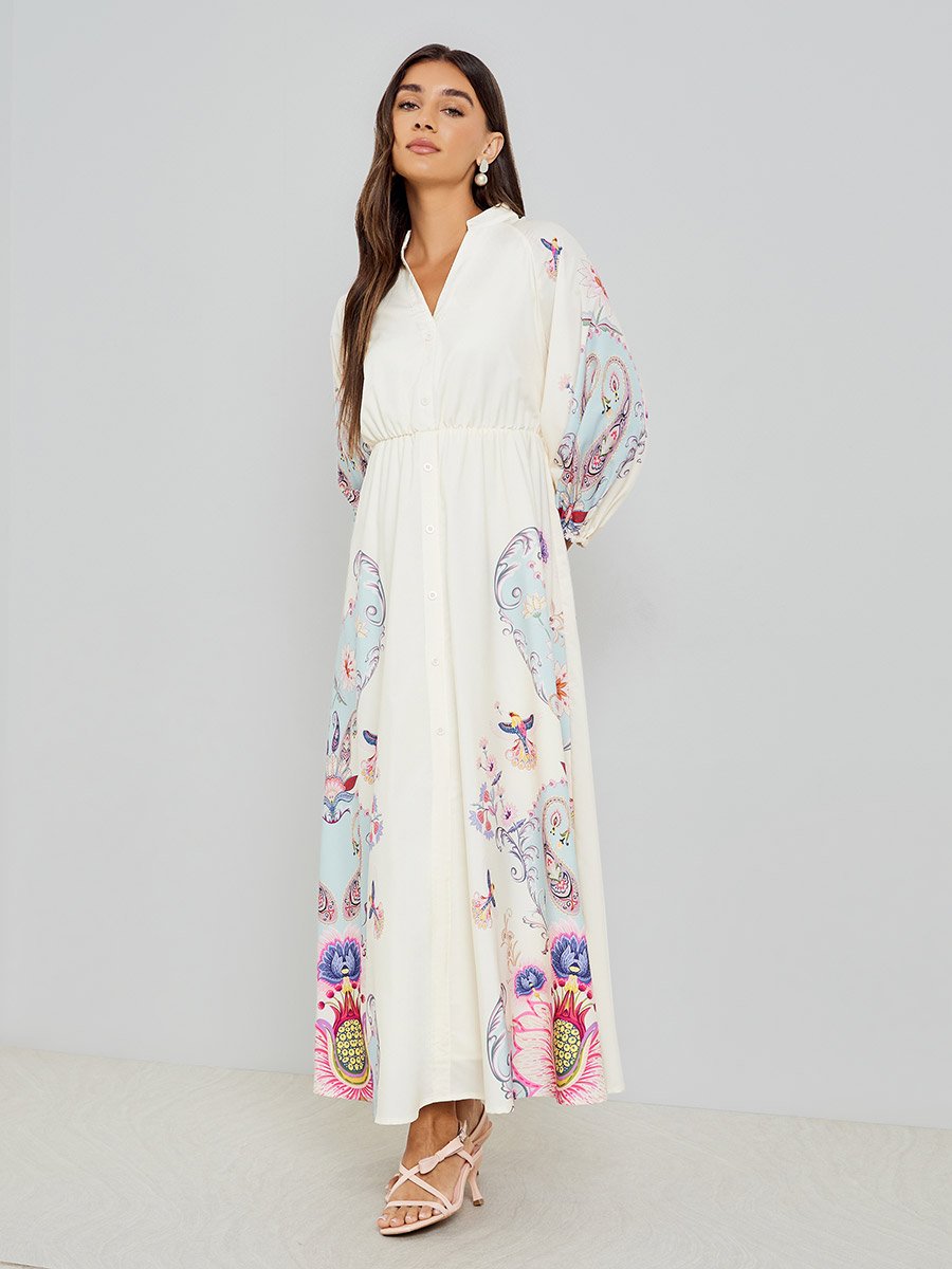 Off White Floral Print Shirt Maxi Dress