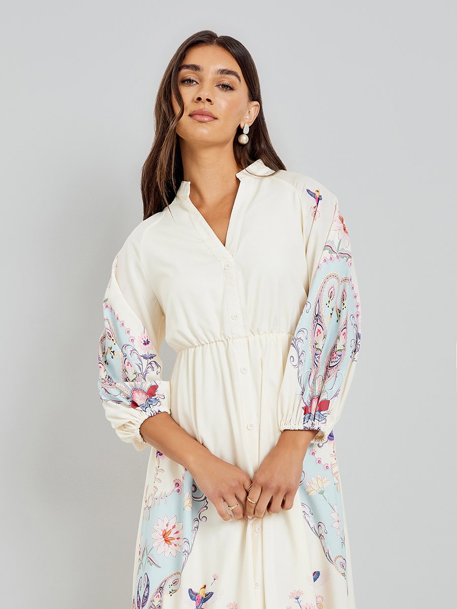 Off White Floral Print Shirt Maxi Dress