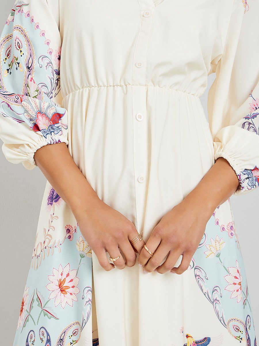 Off White Floral Print Shirt Maxi Dress