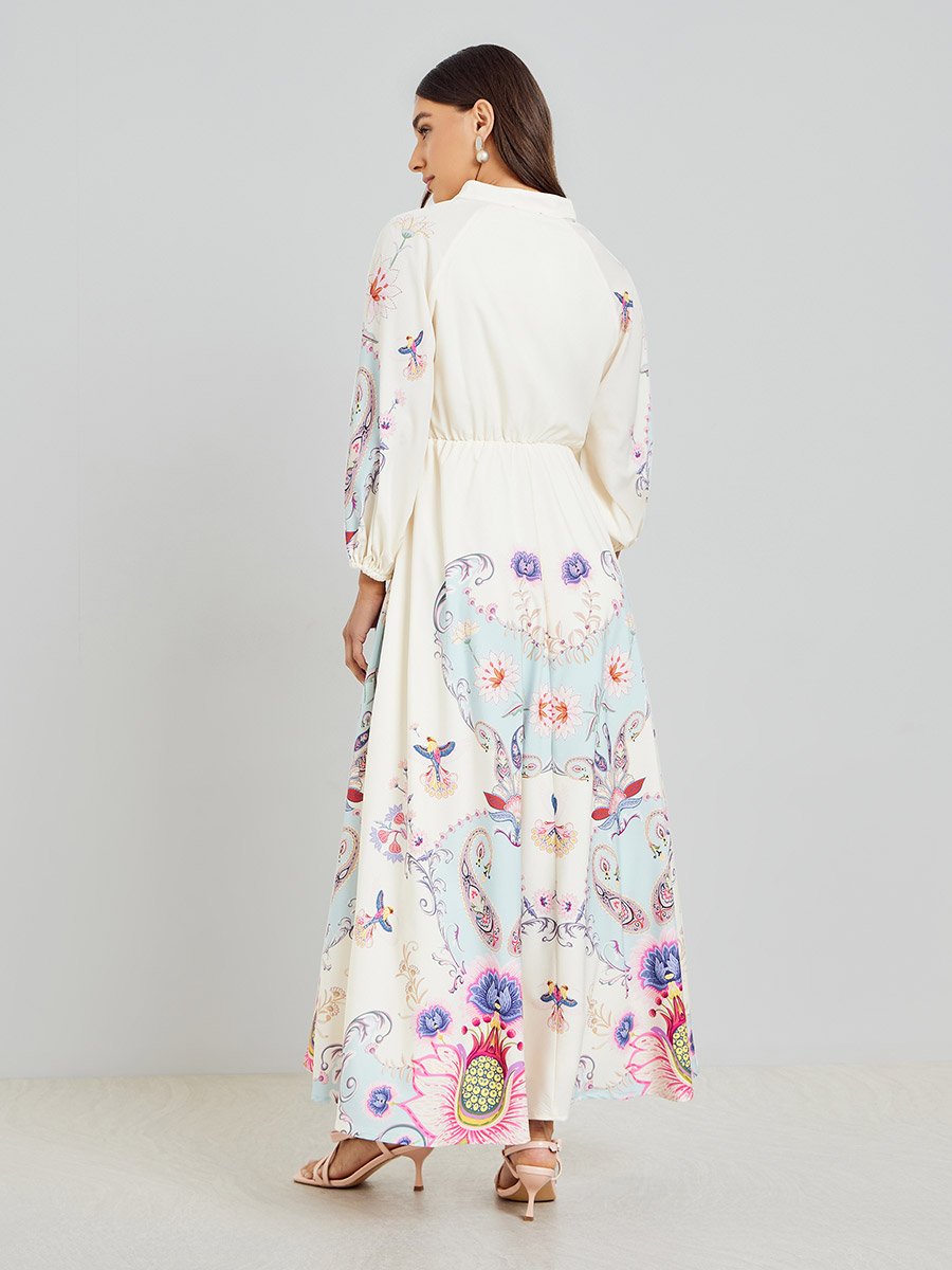Off White Floral Print Shirt Maxi Dress