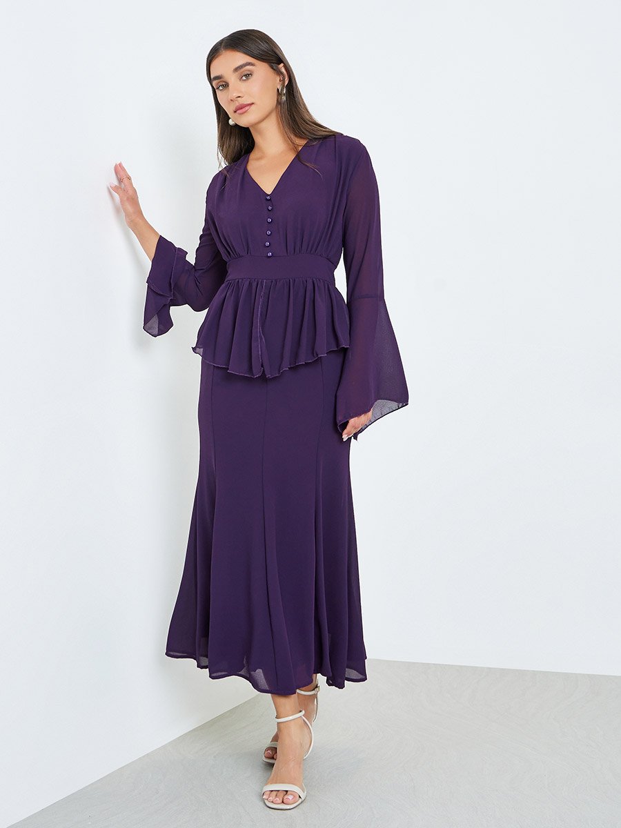 Women Dark Purple Ruffled Detail Mermaid Maxi Dress