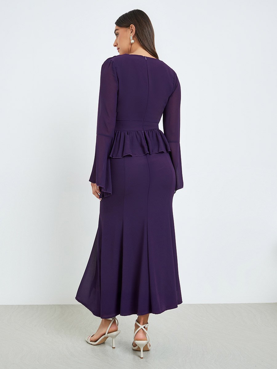 Women Dark Purple Ruffled Detail Mermaid Maxi Dress