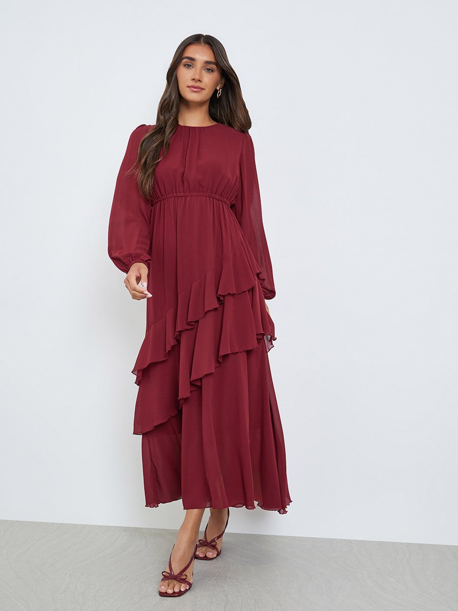 Red Balloon Sleeve Ruffled Maxi Dress