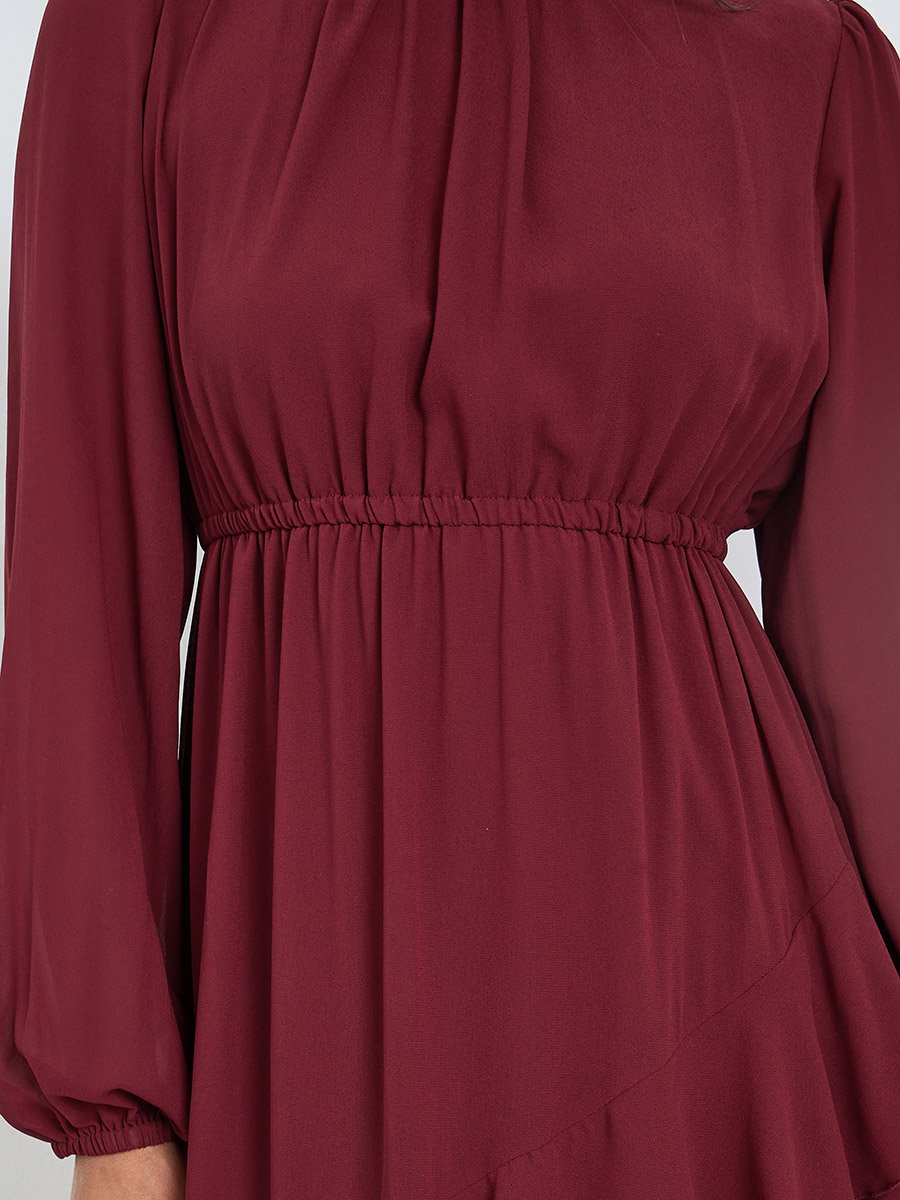 Red Balloon Sleeve Ruffled Maxi Dress