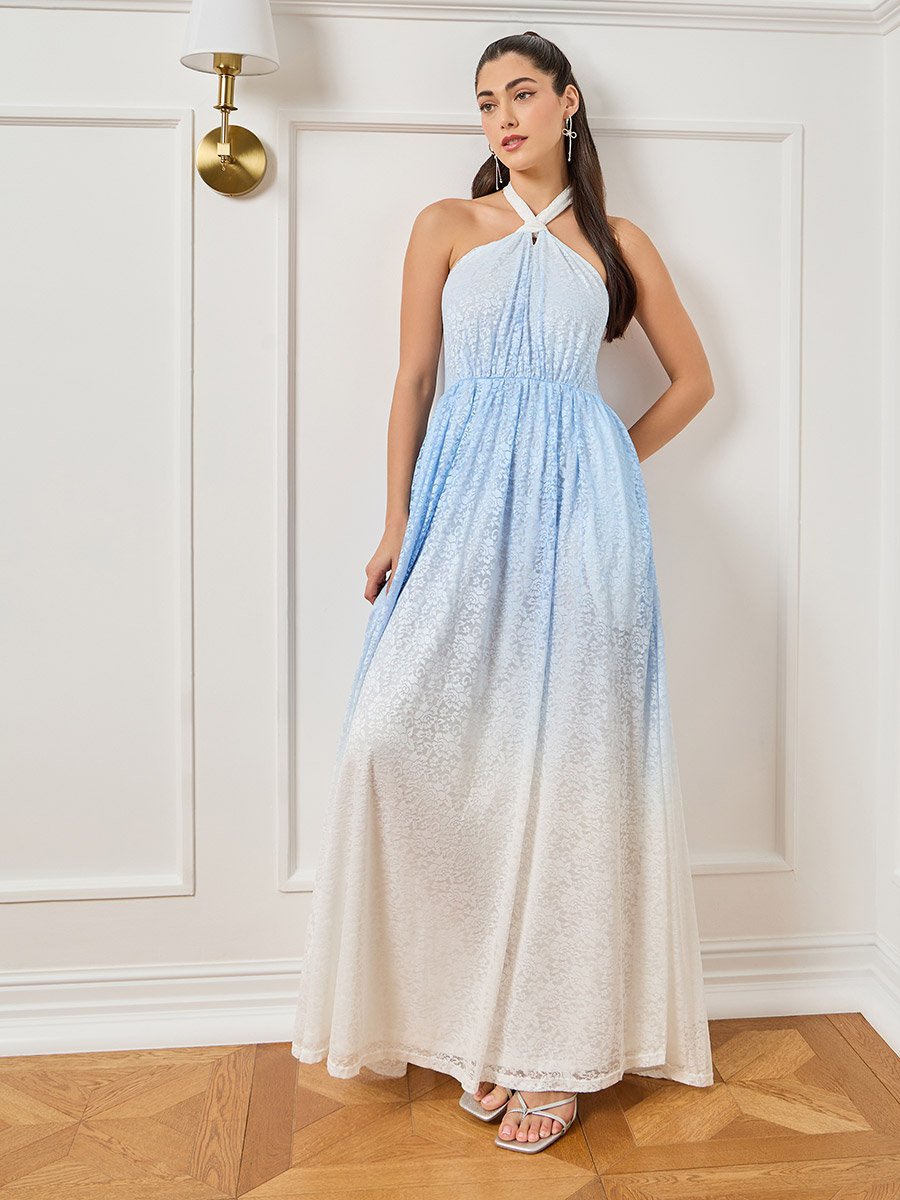 Women Ombre Print Lace Sleeveless Maxi Dress