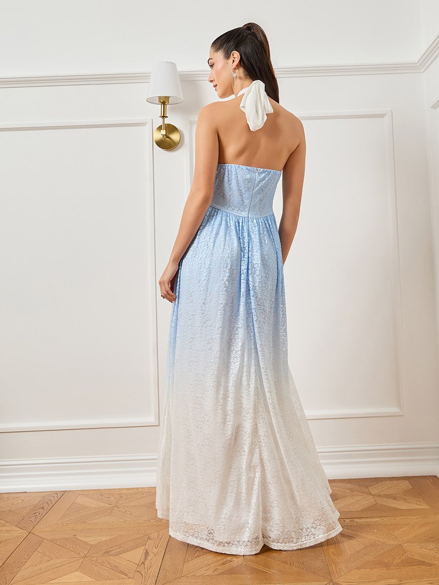 Women Ombre Print Lace Sleeveless Maxi Dress