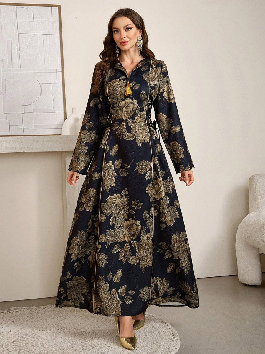 Women Floral Print Jalabiya with Side Tie-Up