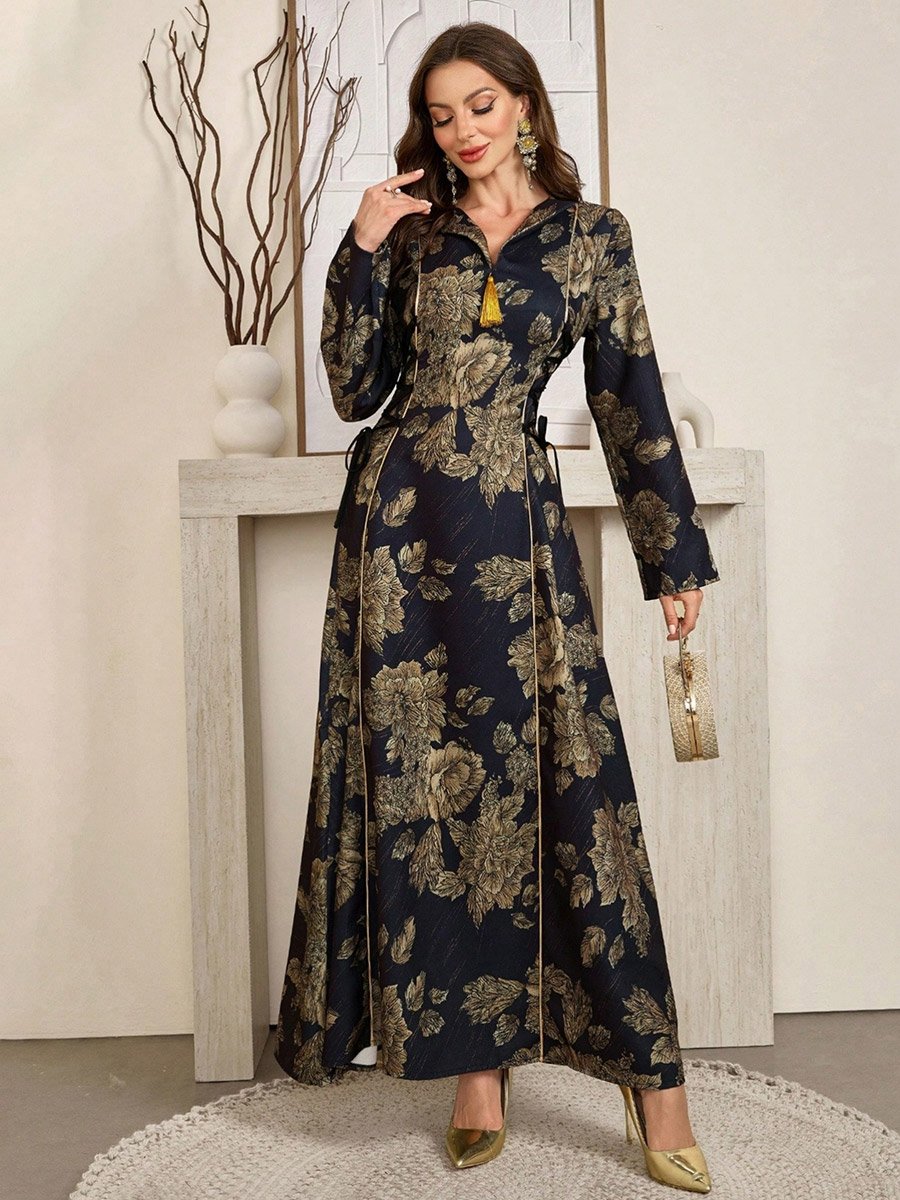 Women Floral Print Jalabiya with Side Tie-Up