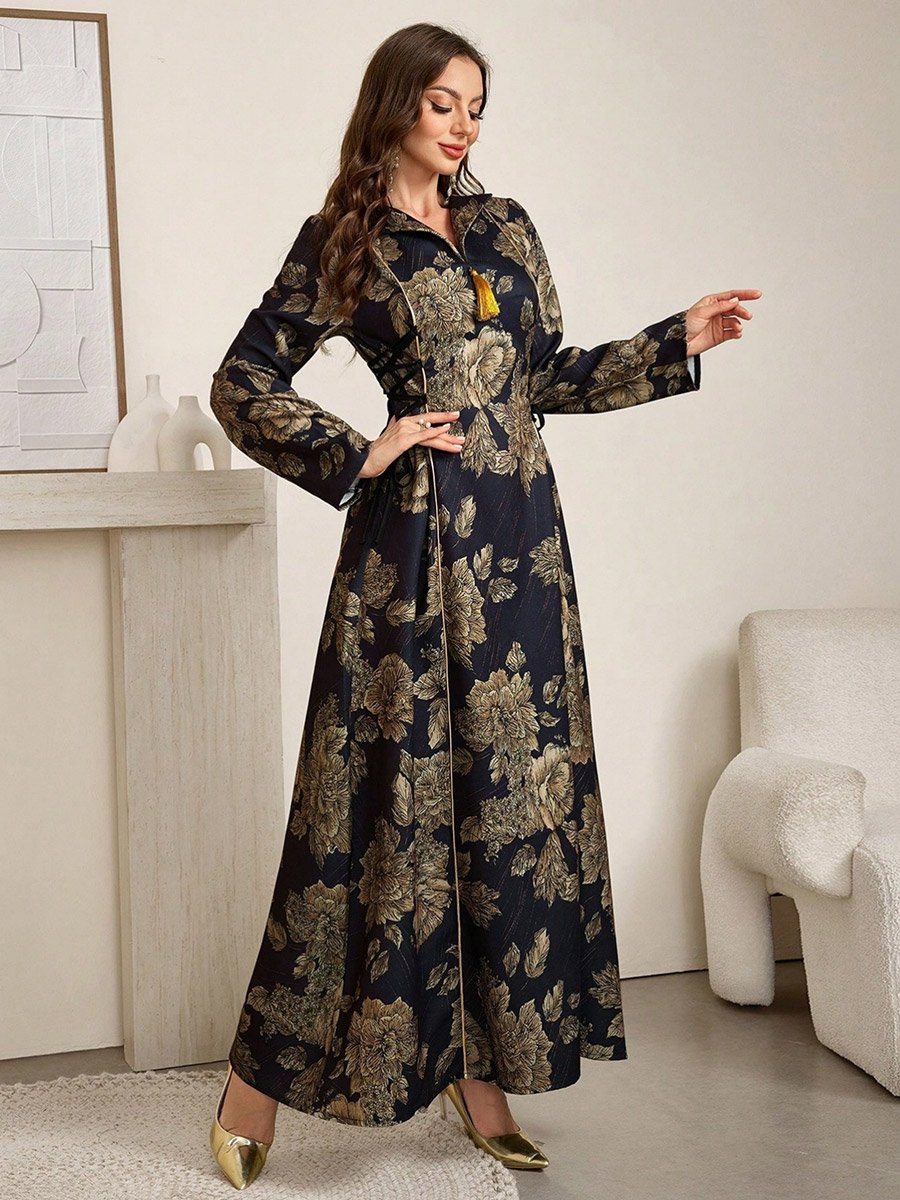 Women Floral Print Jalabiya with Side Tie-Up