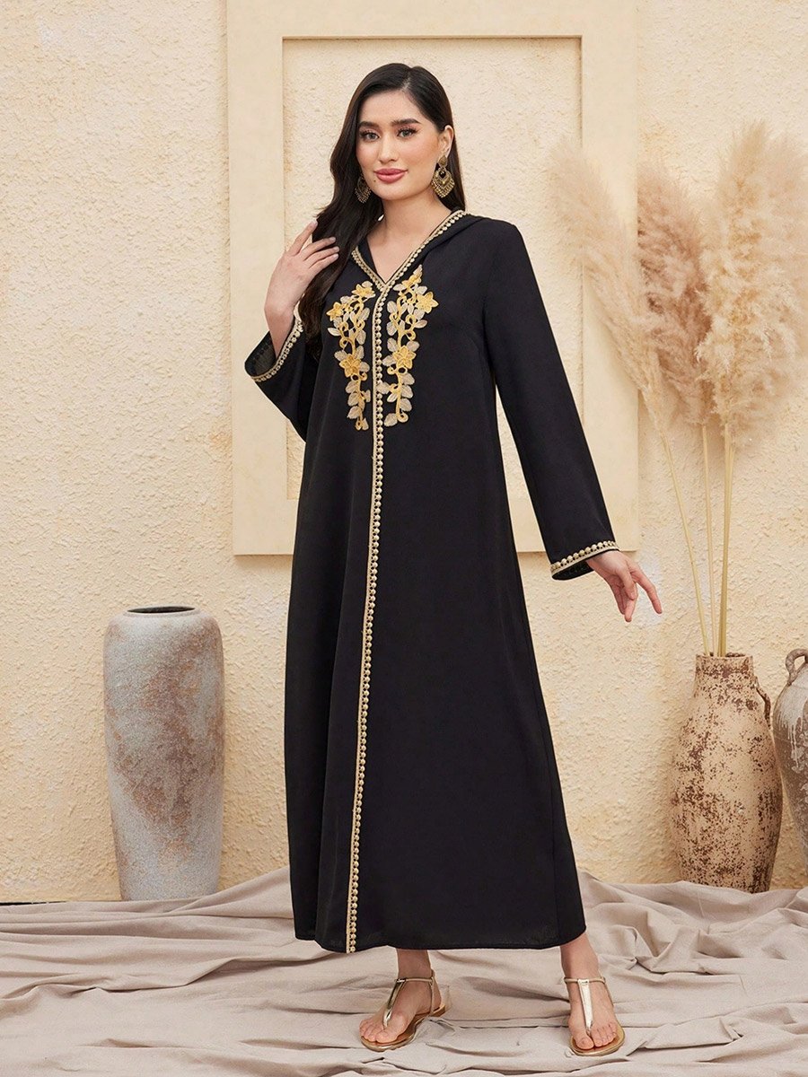 Women Flower Patch Detail Hooded Jalabiya