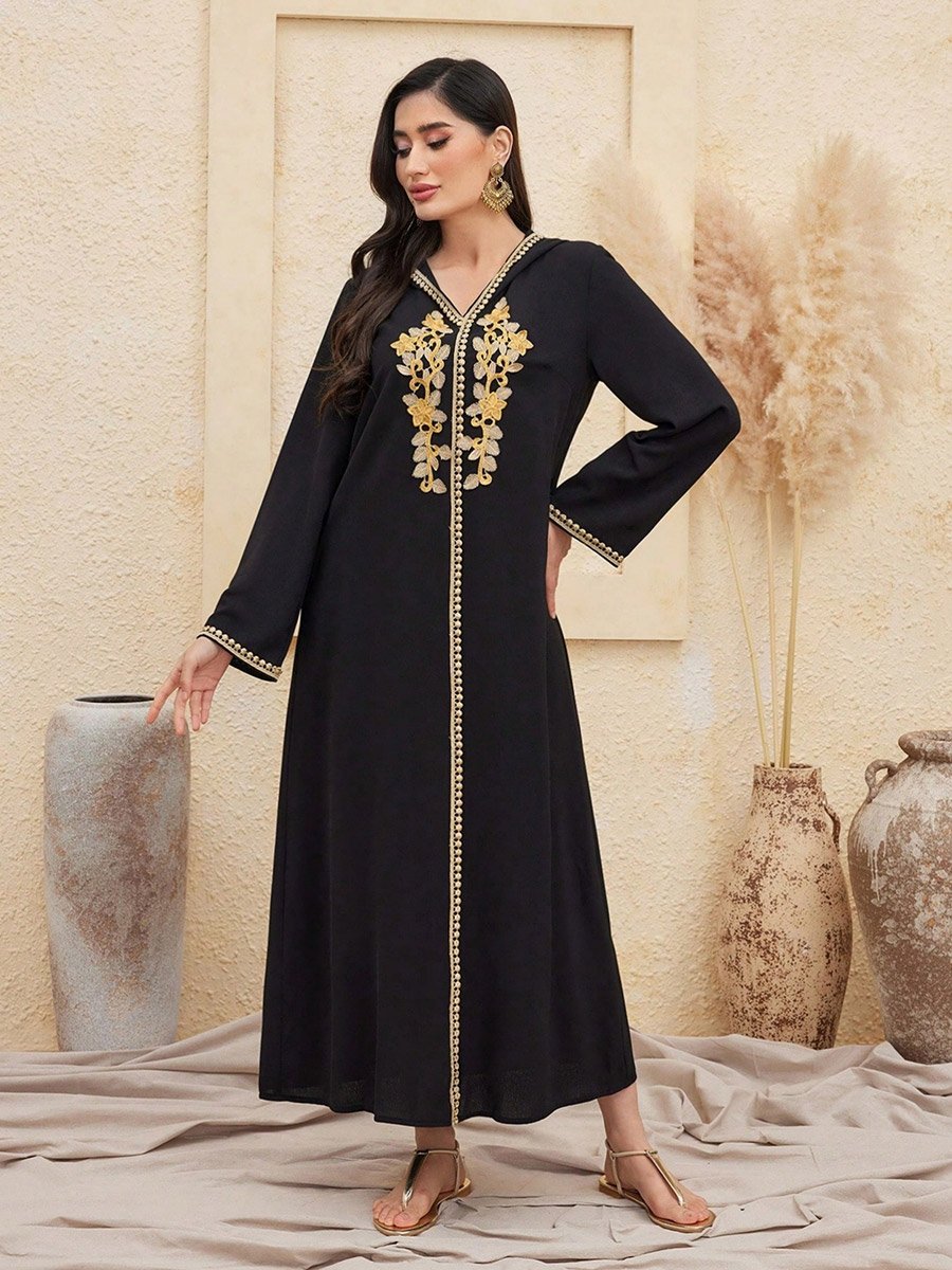 Women Flower Patch Detail Hooded Jalabiya