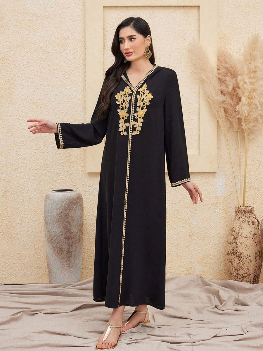 Women Flower Patch Detail Hooded Jalabiya