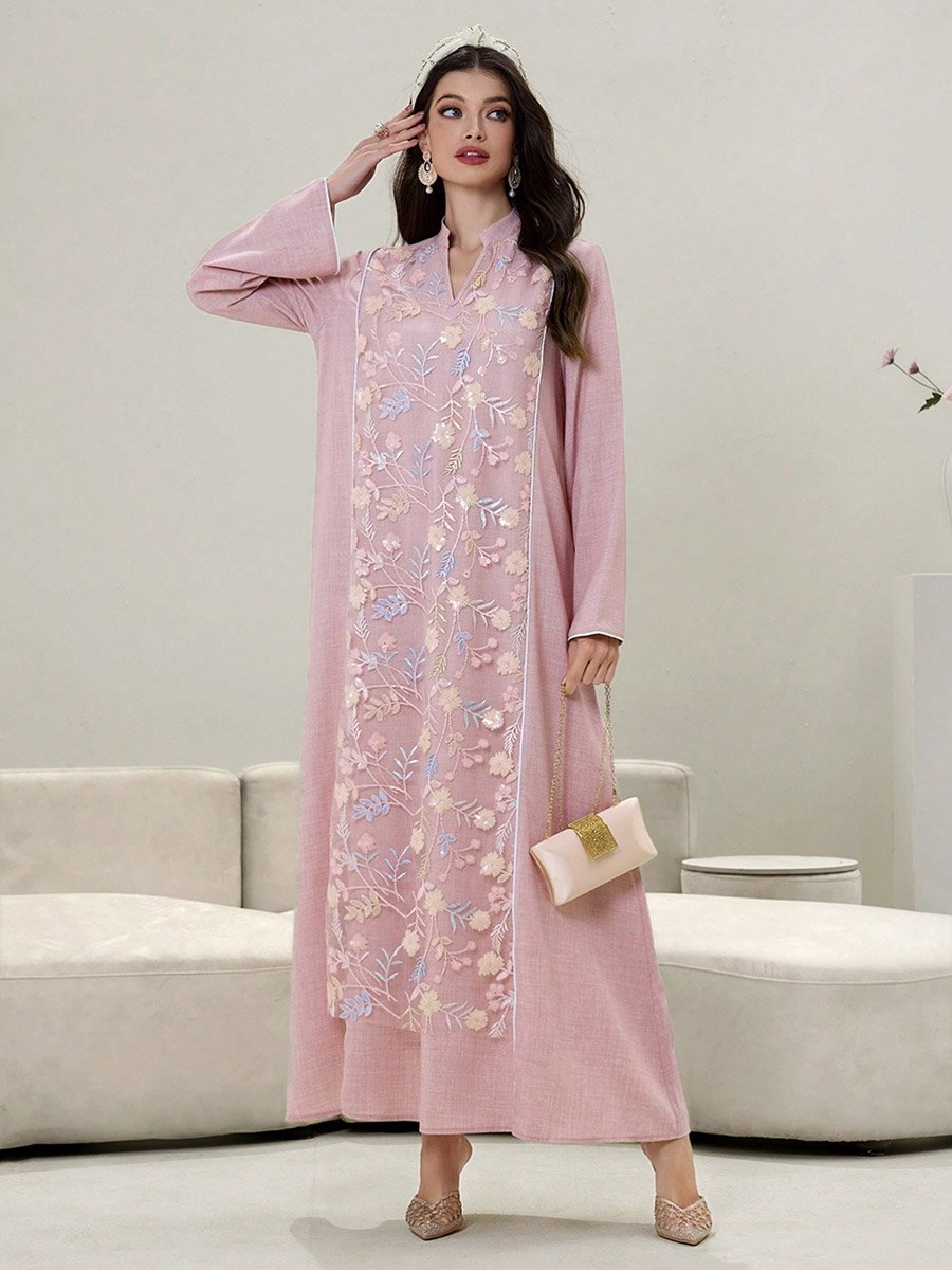 Women Floral Sequined Patch Open Collar Jalabiya