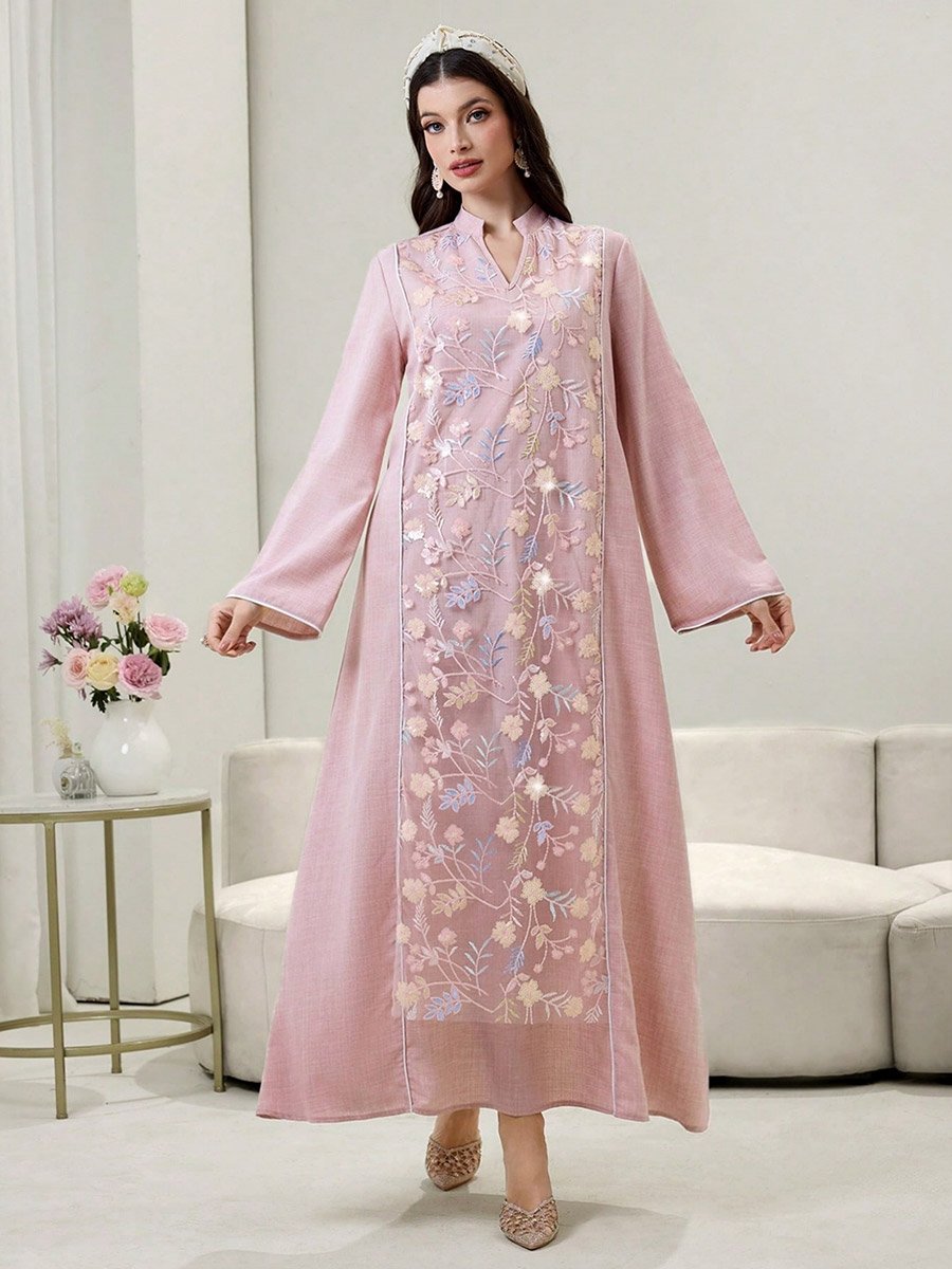 Women Floral Sequined Patch Open Collar Jalabiya