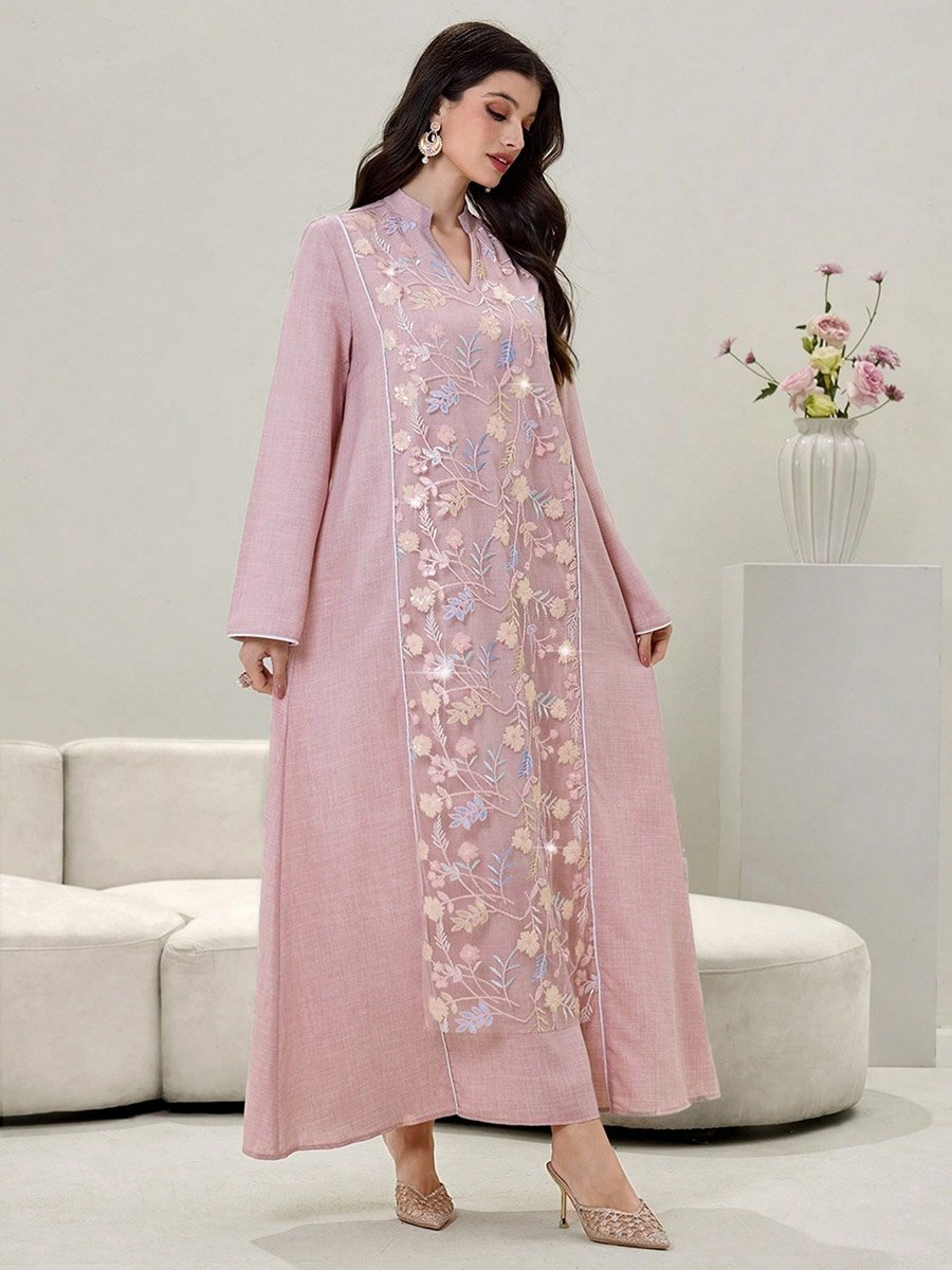 Women Floral Sequined Patch Open Collar Jalabiya