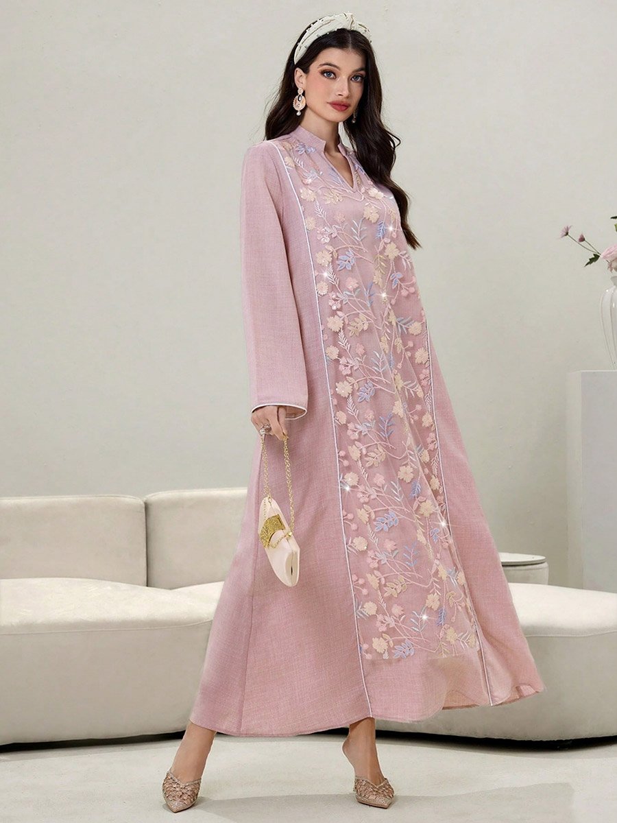 Women Floral Sequined Patch Open Collar Jalabiya
