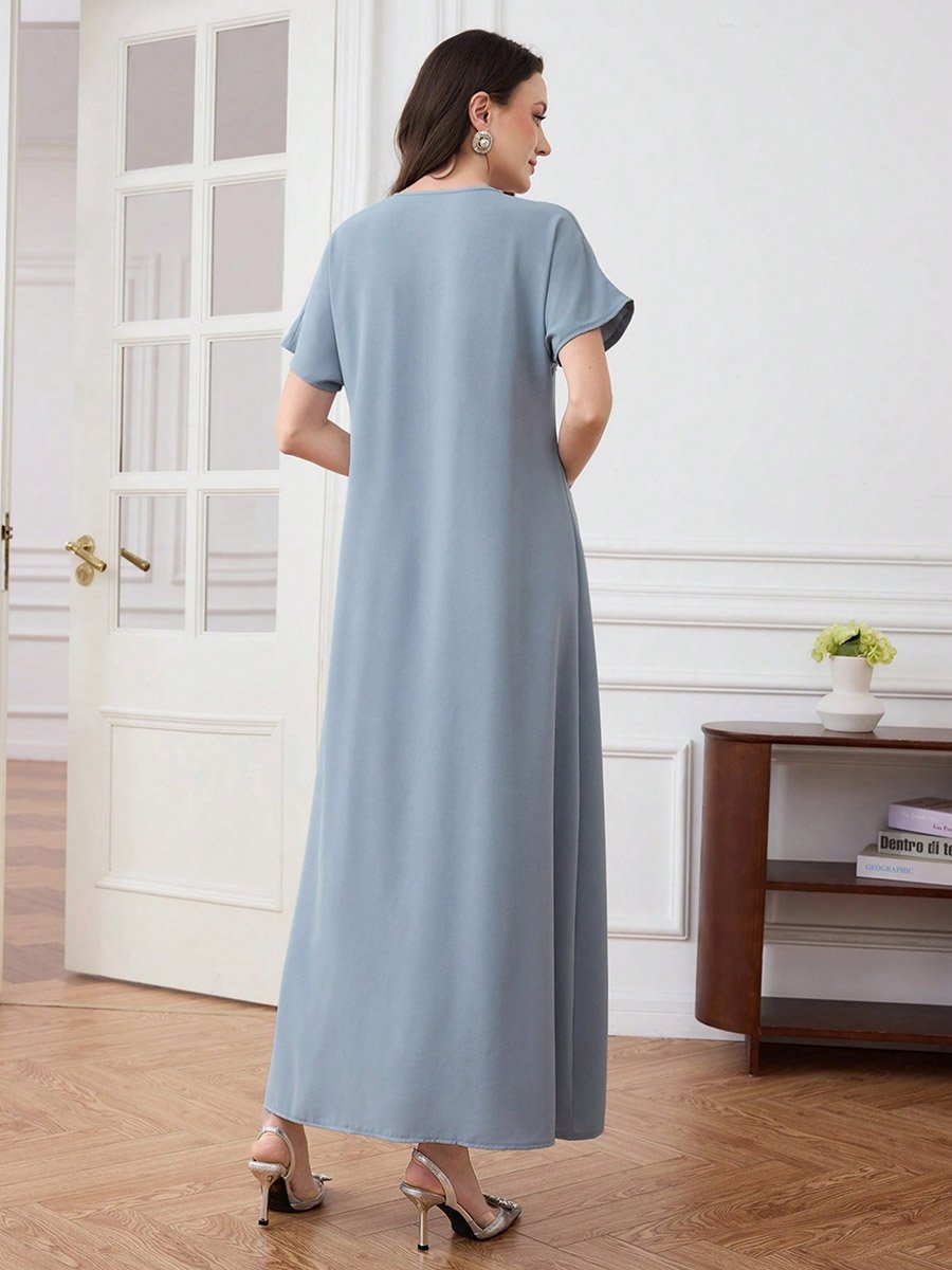Women Leaf Patch Detail V Neck Maxi Dress