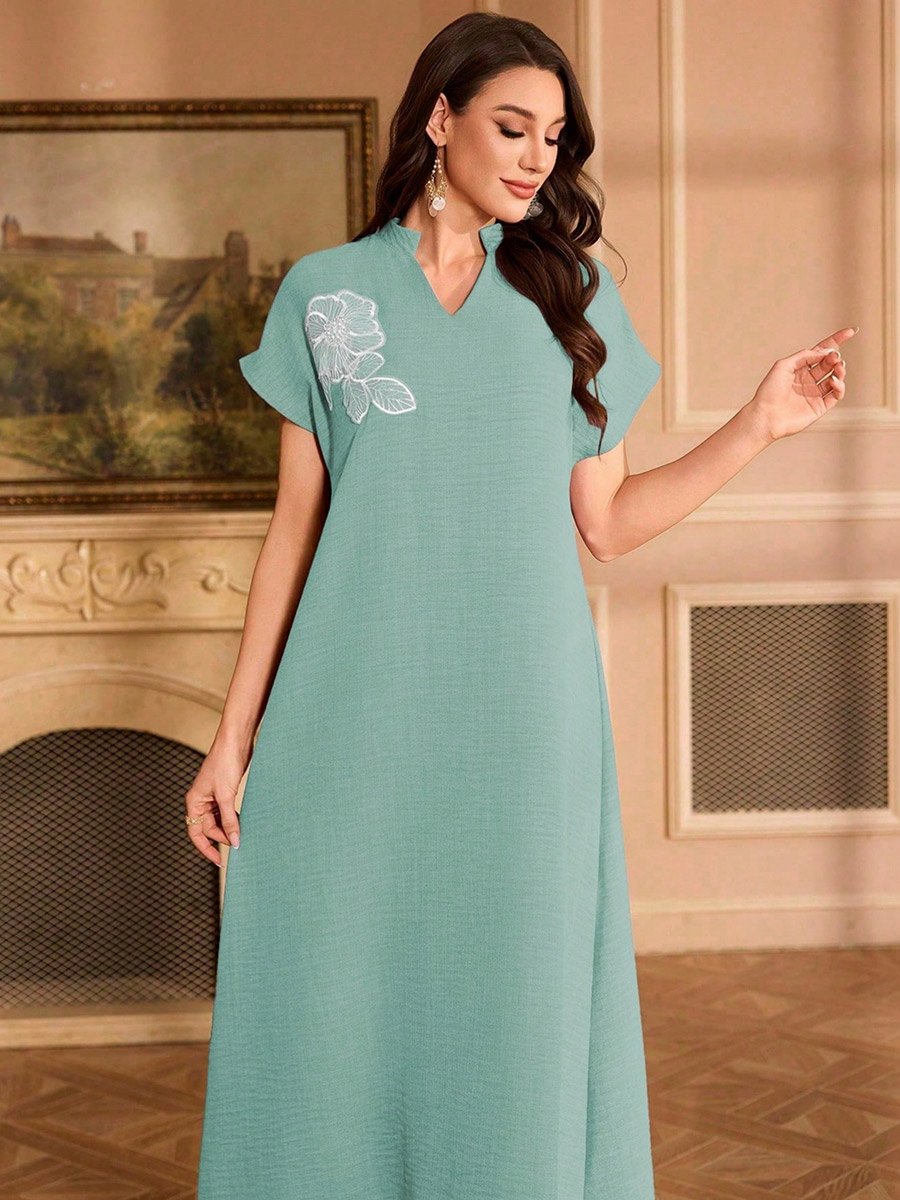Women Floral Patch Detail Open Collar Maxi Dress