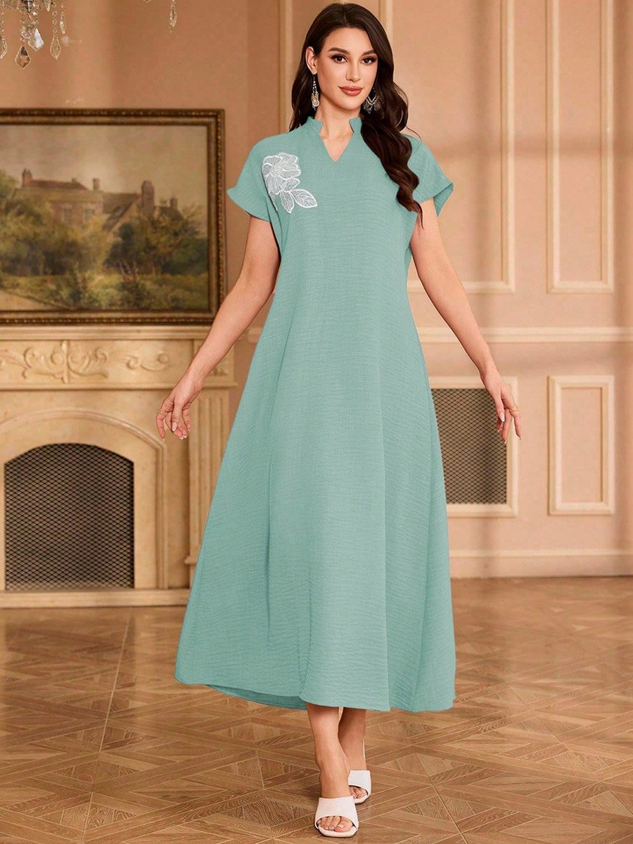 Women Floral Patch Detail Open Collar Maxi Dress