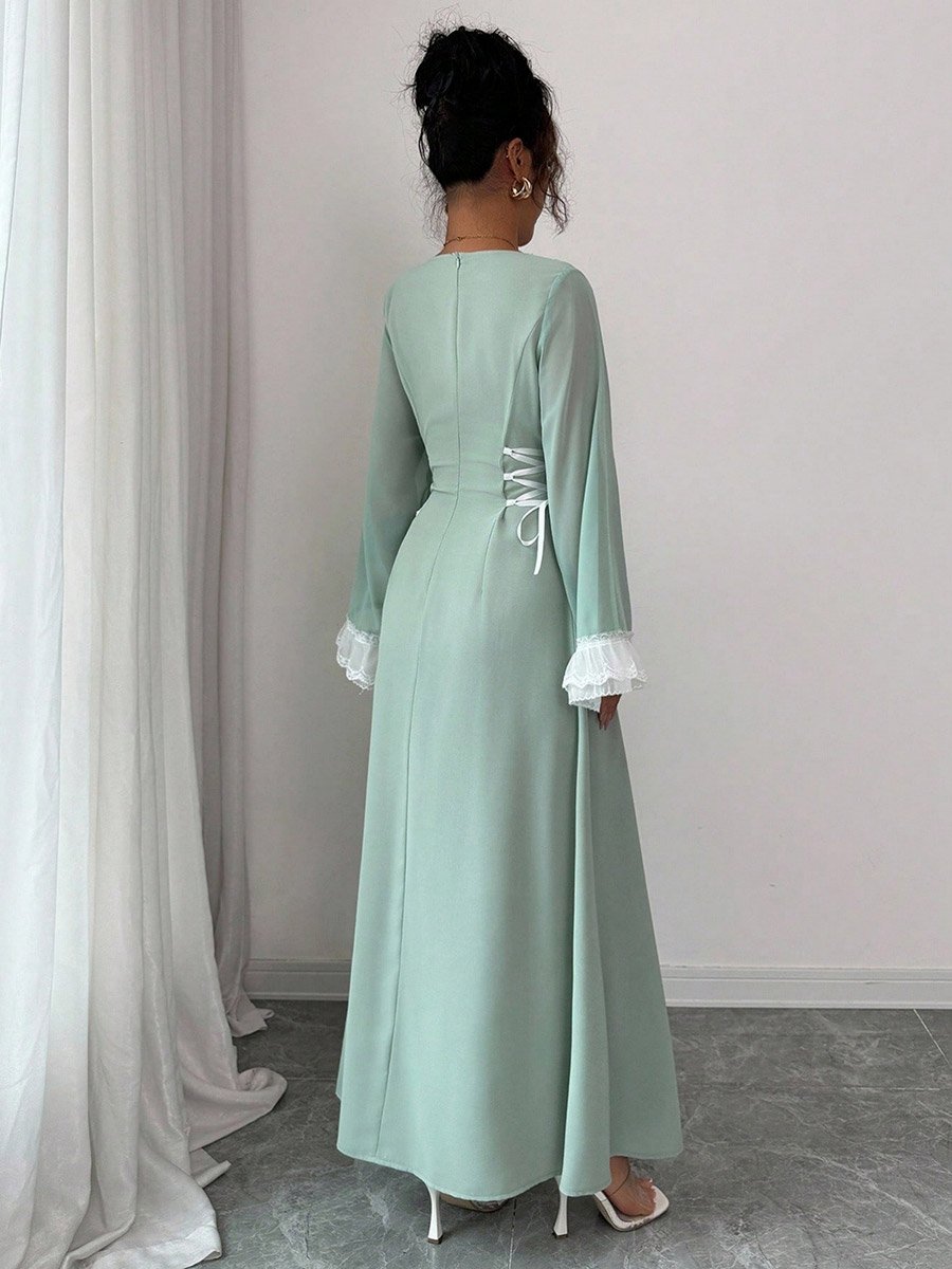 Women Square Neck Waist Tie-Up Maxi Dress