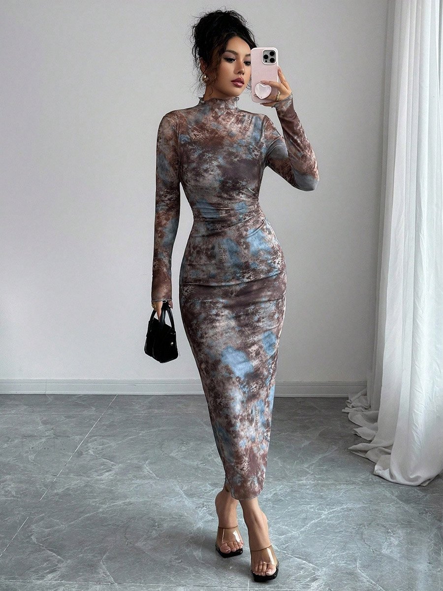 tie dye midi bodycon dress L I V D Women's Cindy Tie Dye Bodycon Dress, Coral Yellow, 3X