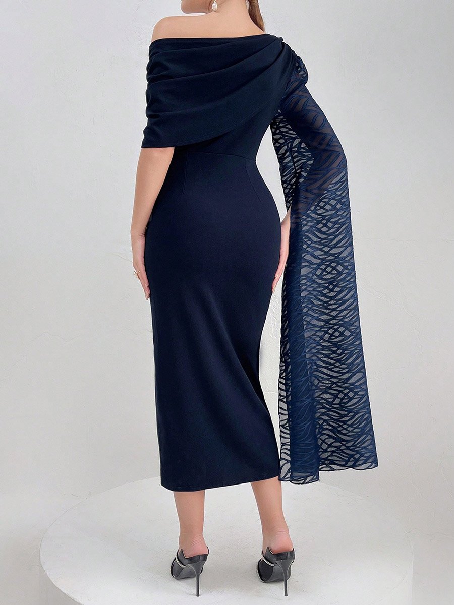 Women Draped Lace Asymmetric Neck Midi Dress