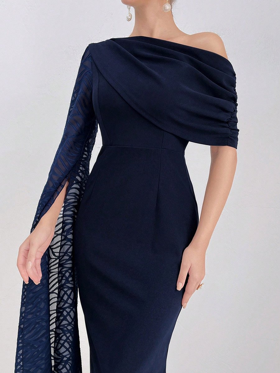 Women Draped Lace Asymmetric Neck Midi Dress