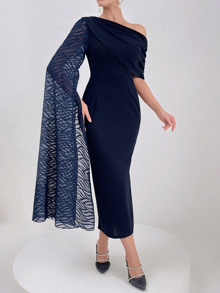 Women Draped Lace Asymmetric Neck Midi Dress