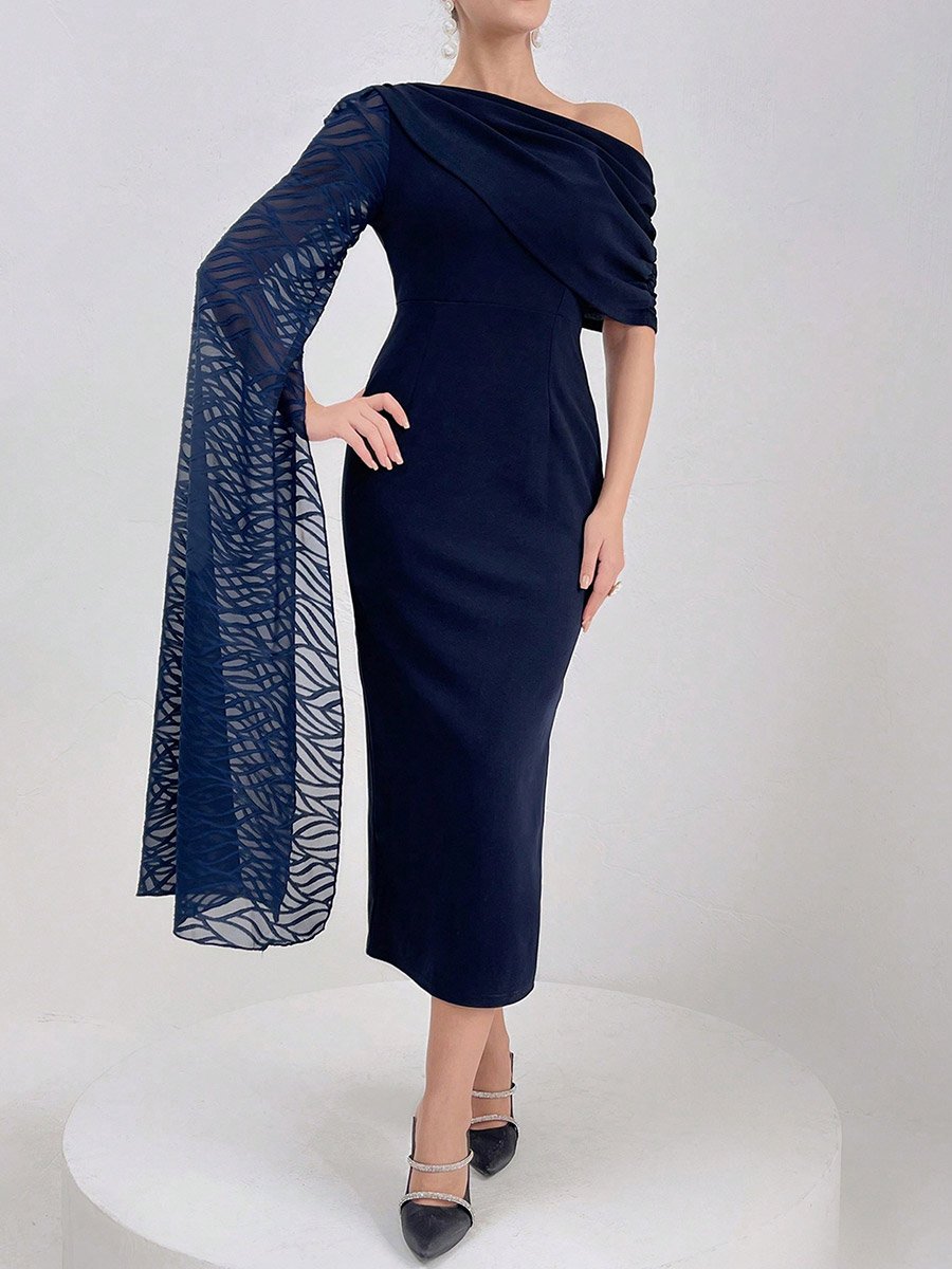 Women Draped Lace Asymmetric Neck Midi Dress