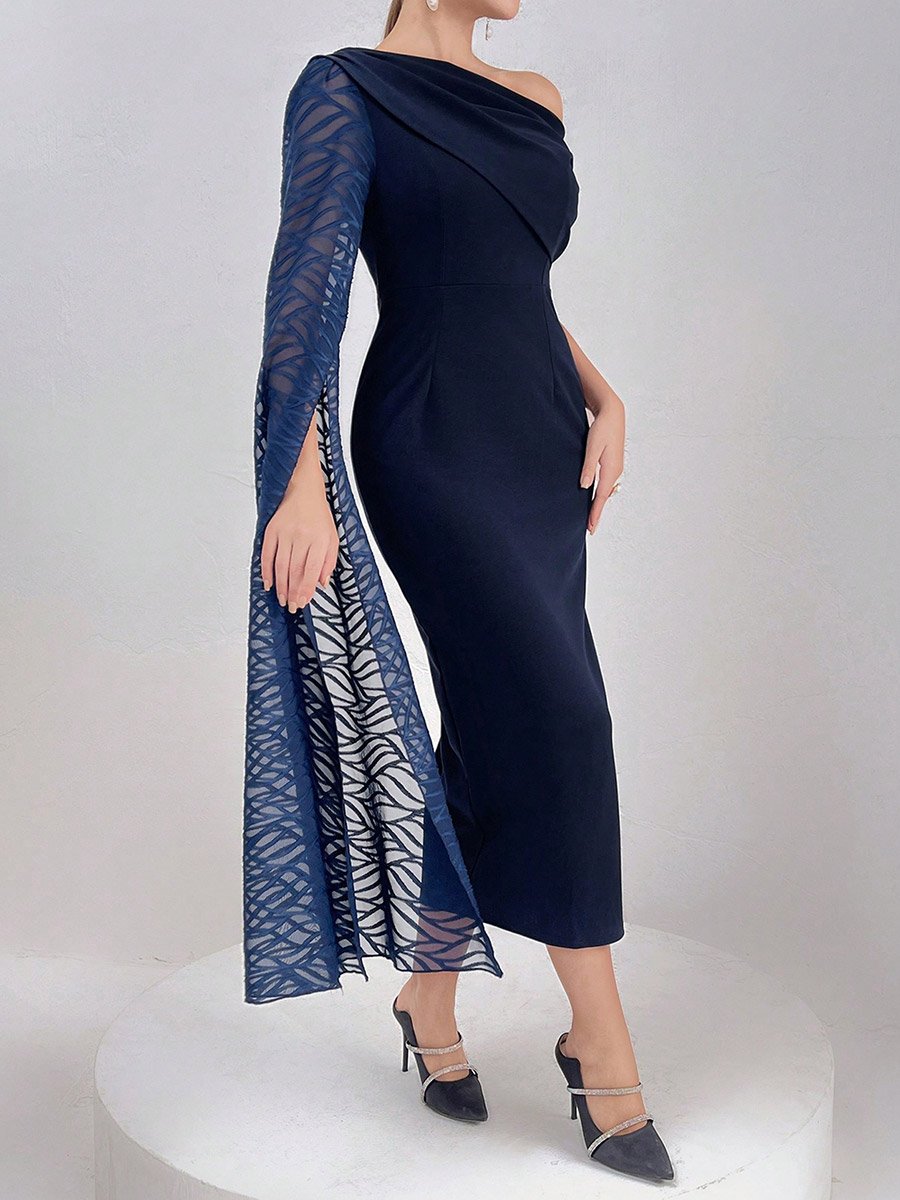 Women Draped Lace Asymmetric Neck Midi Dress