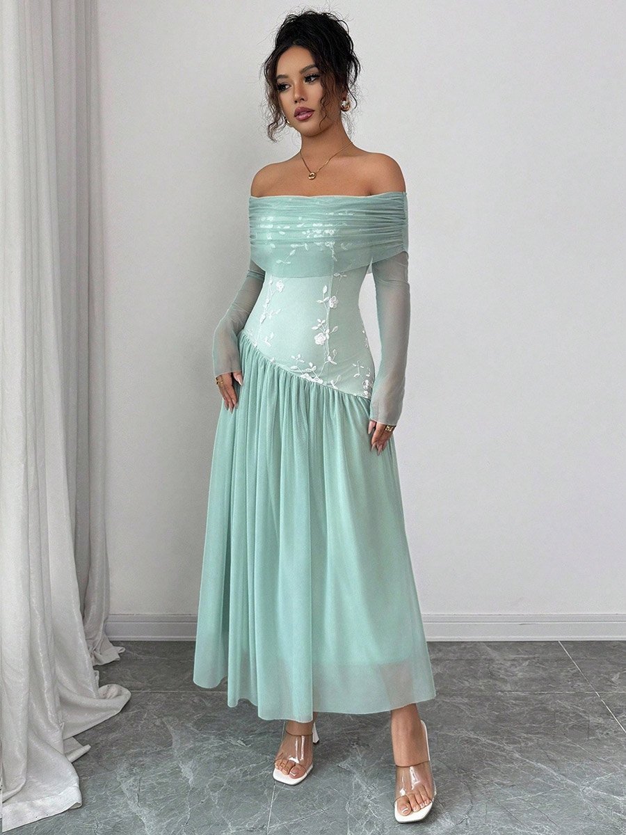 Women Off Shoulder Maxi Dress with Mesh Sleeves