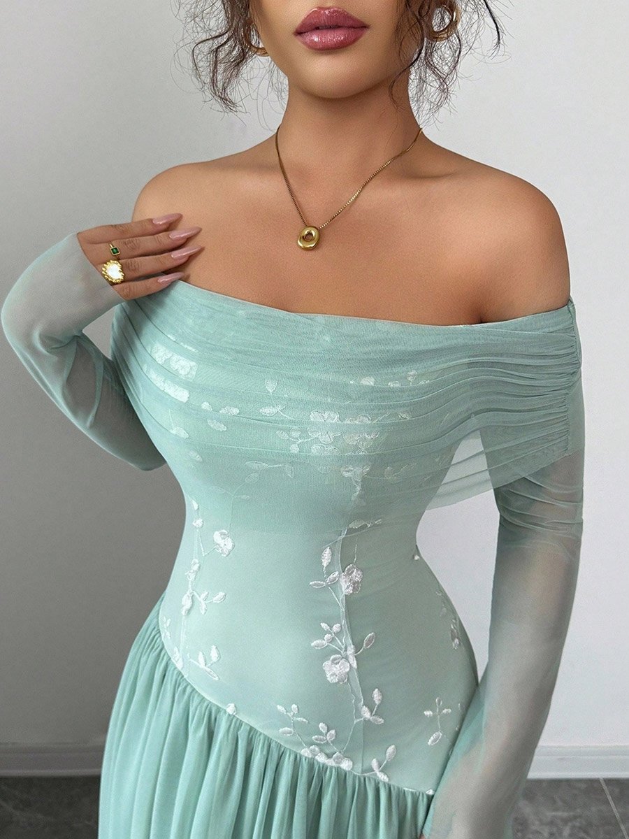 Women Off Shoulder Maxi Dress with Mesh Sleeves