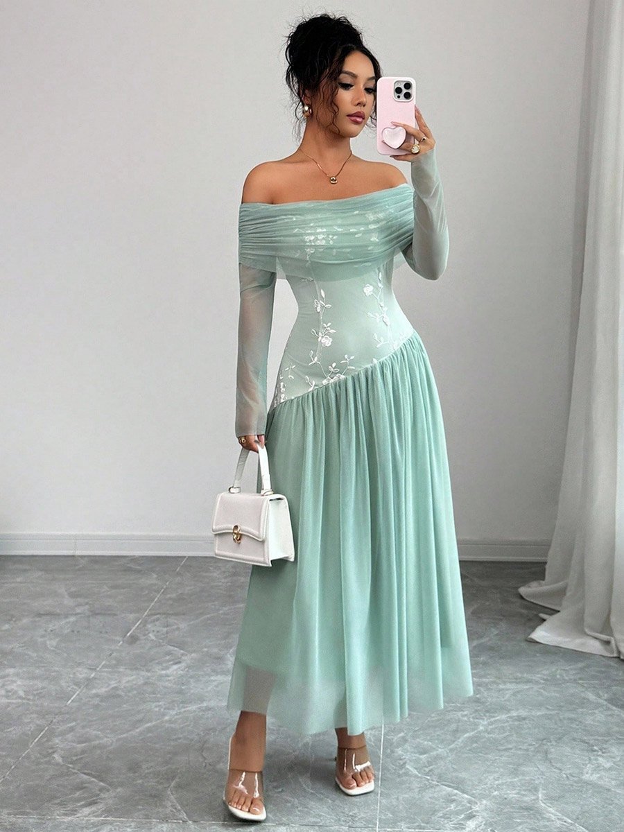 Women Off Shoulder Maxi Dress with Mesh Sleeves