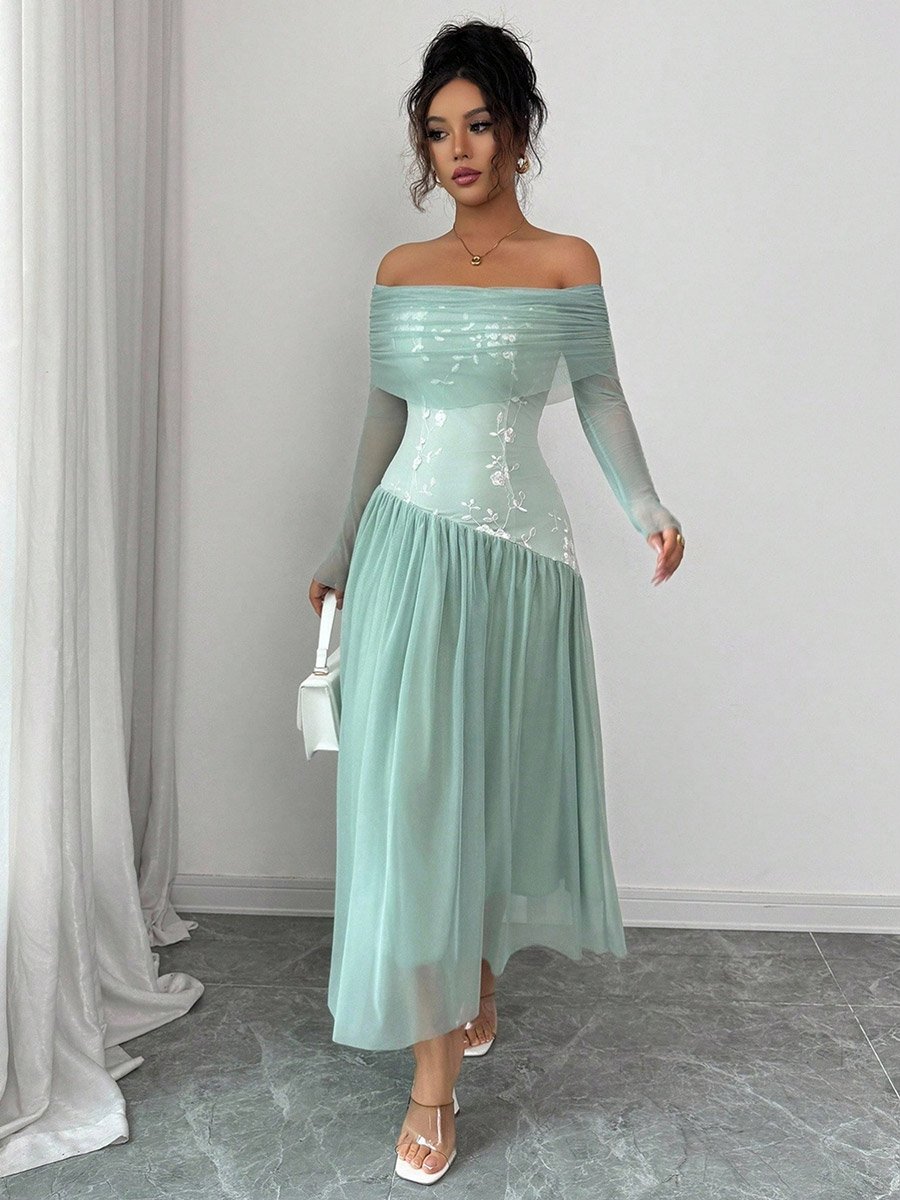 Women Off Shoulder Maxi Dress with Mesh Sleeves