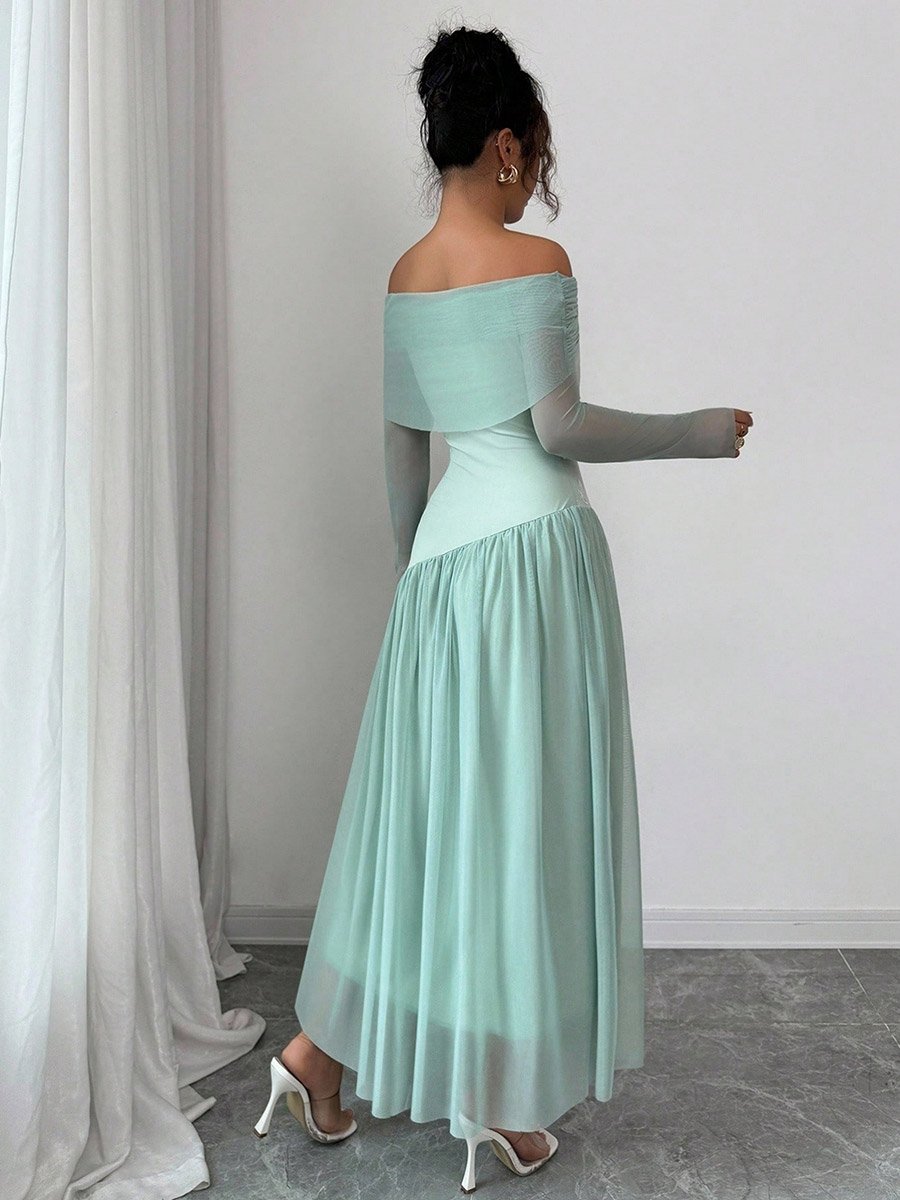 Women Off Shoulder Maxi Dress with Mesh Sleeves