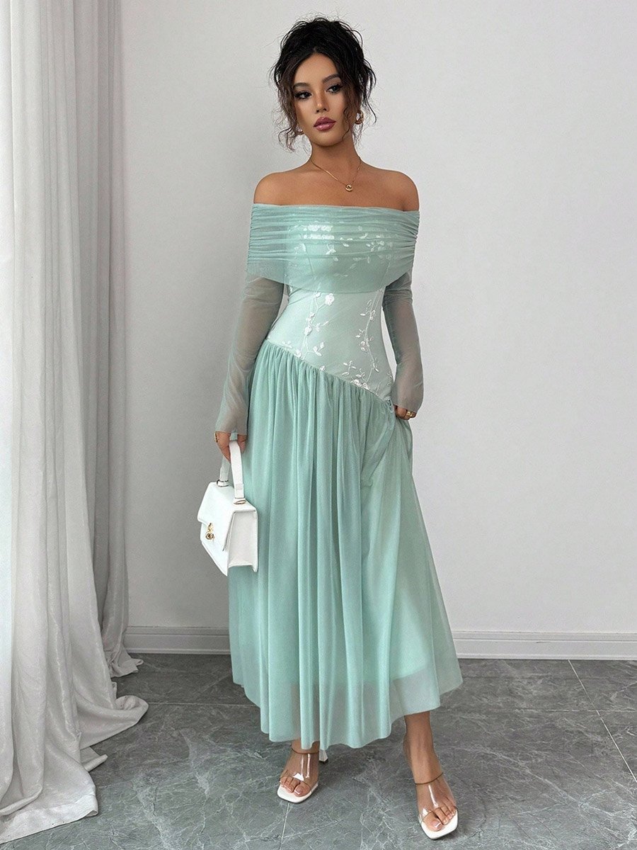 Women Off Shoulder Maxi Dress with Mesh Sleeves
