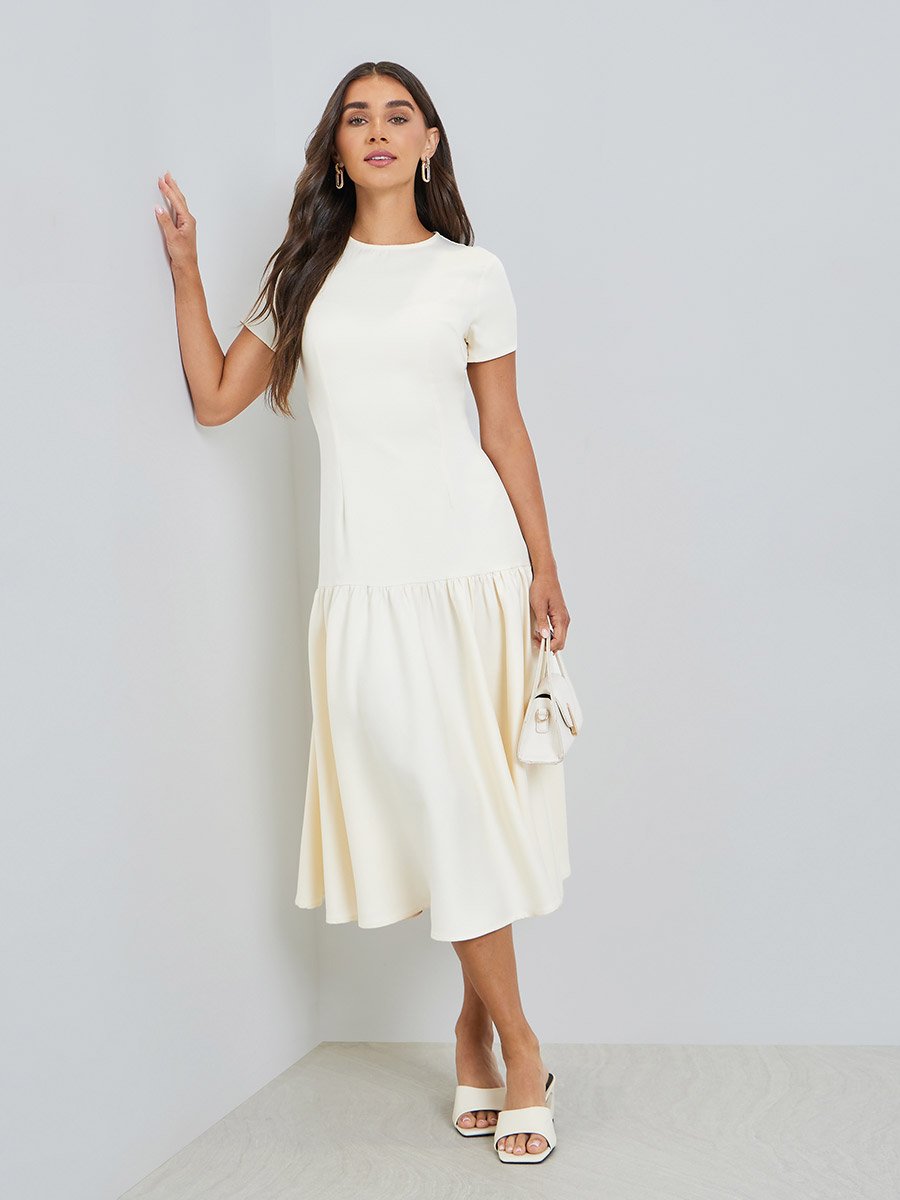knee length dresses for ladies Moon Dance Open Back Short Sleeve Knit Midi Dress Beige– Selfie Leslie main image 0