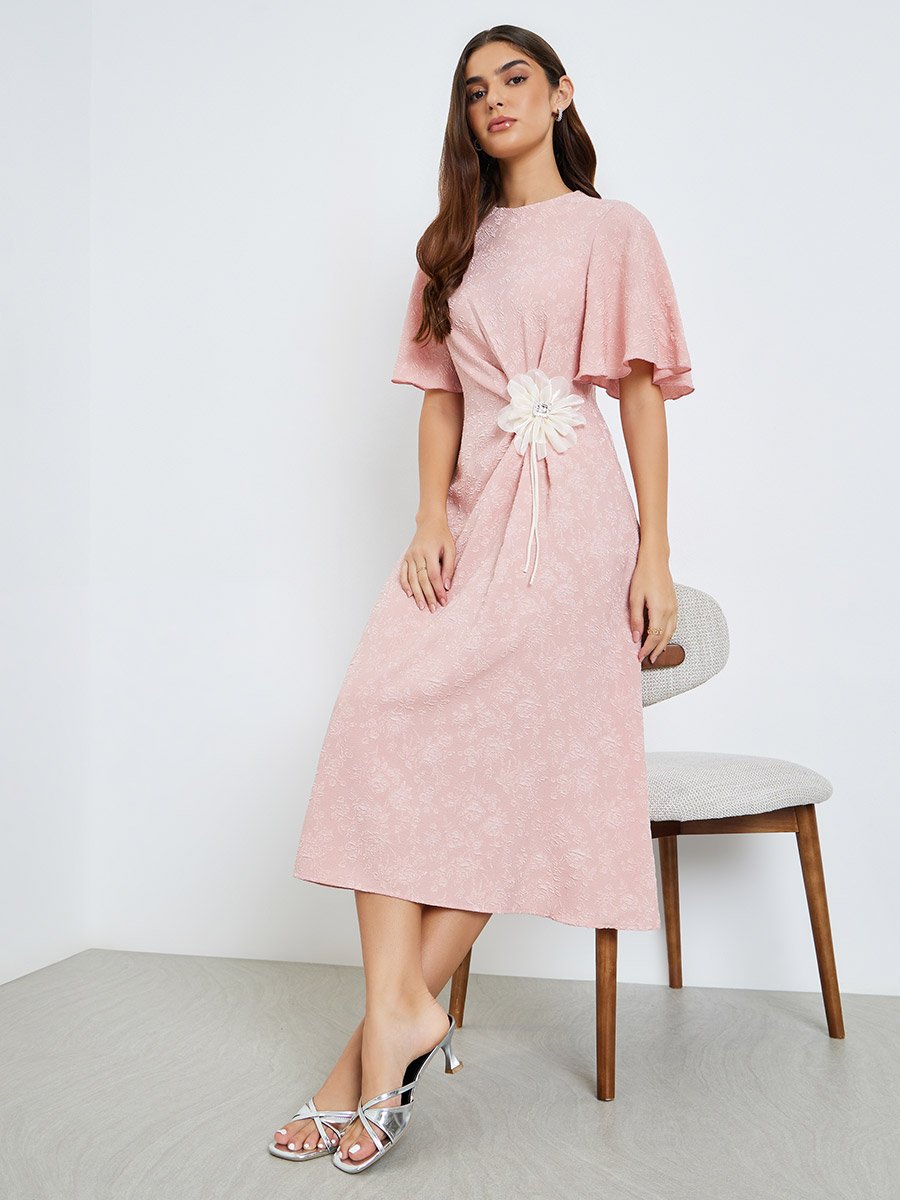 Women Pink Embellished Bell Sleeve A-Line Midi Dress For Women at Saudi |  Styli
