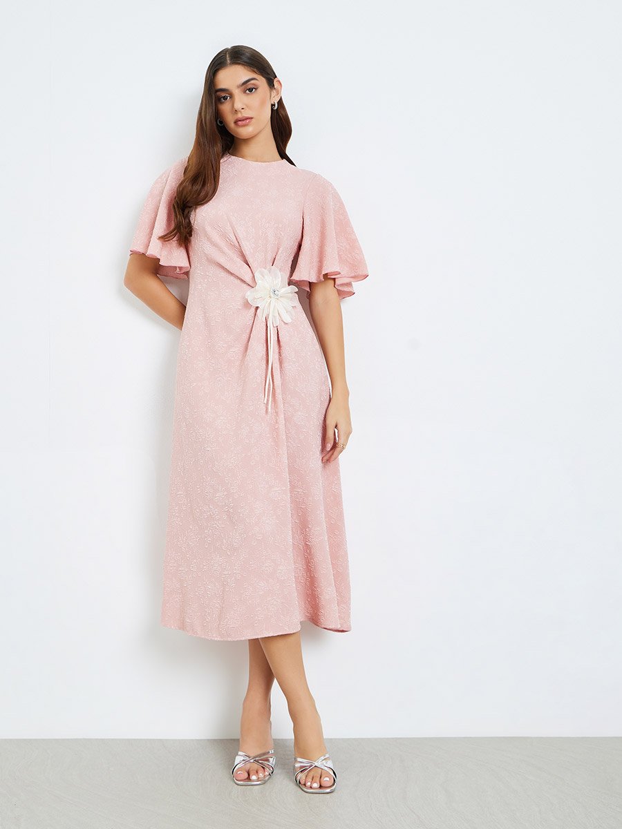 Women Pink Embellished Bell Sleeve A-Line Midi Dress