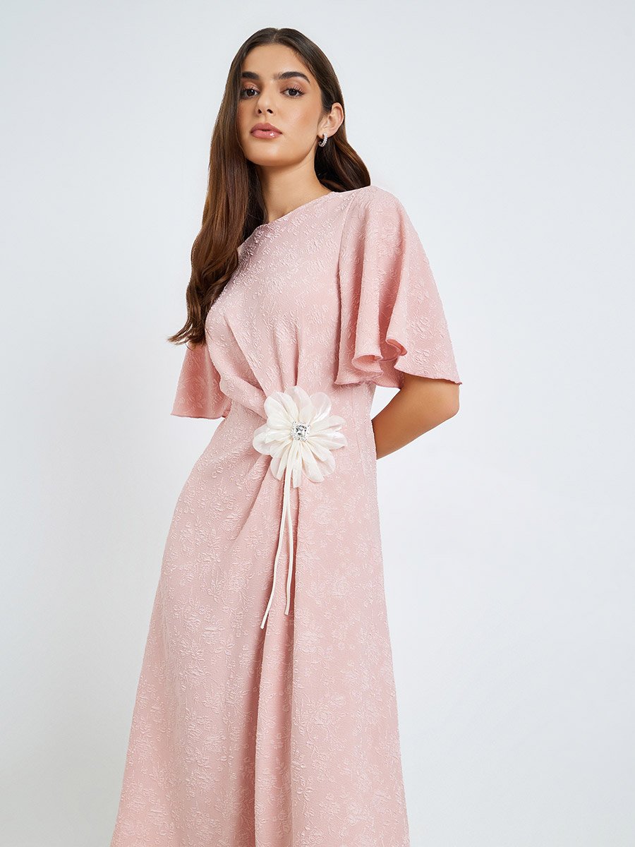 Women Pink Embellished Bell Sleeve A-Line Midi Dress For Women at Saudi |  Styli