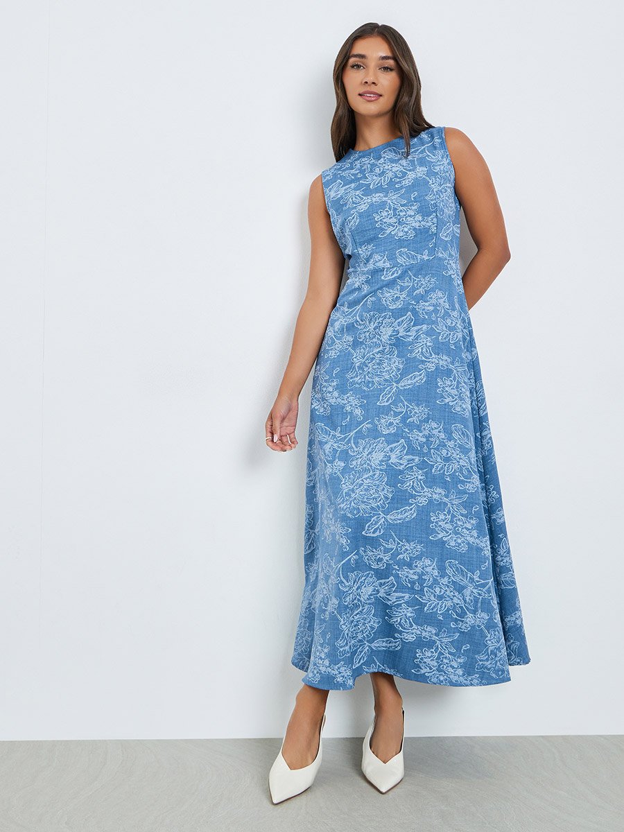 Women Blue Floral Sleeveless Maxi Dress
