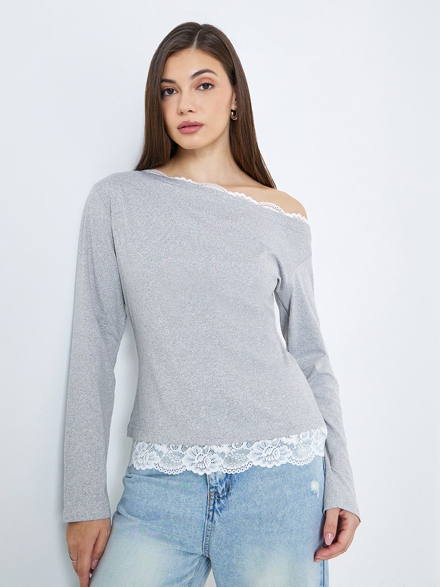 Women Grey Long Sleeve Top with Lace Trim