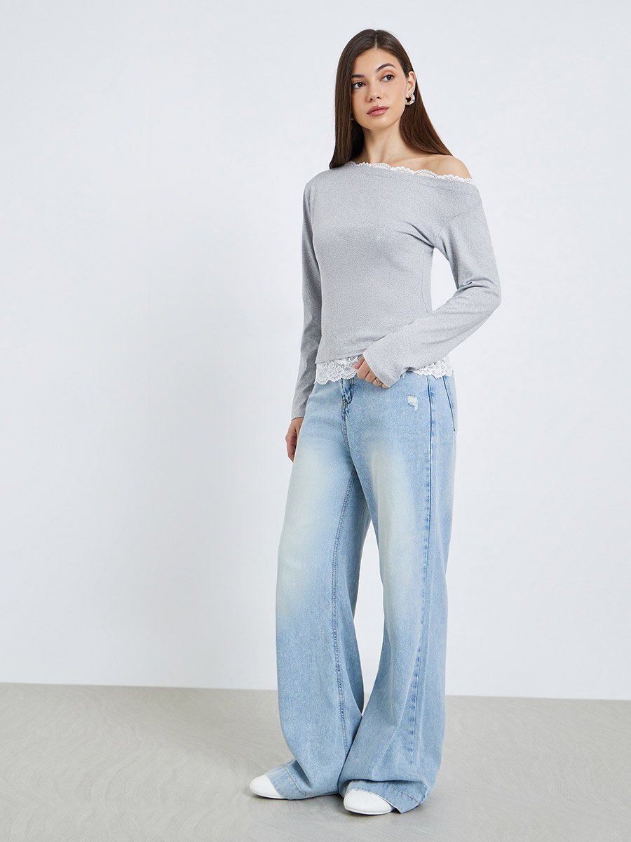 Women Grey Long Sleeve Top with Lace Trim
